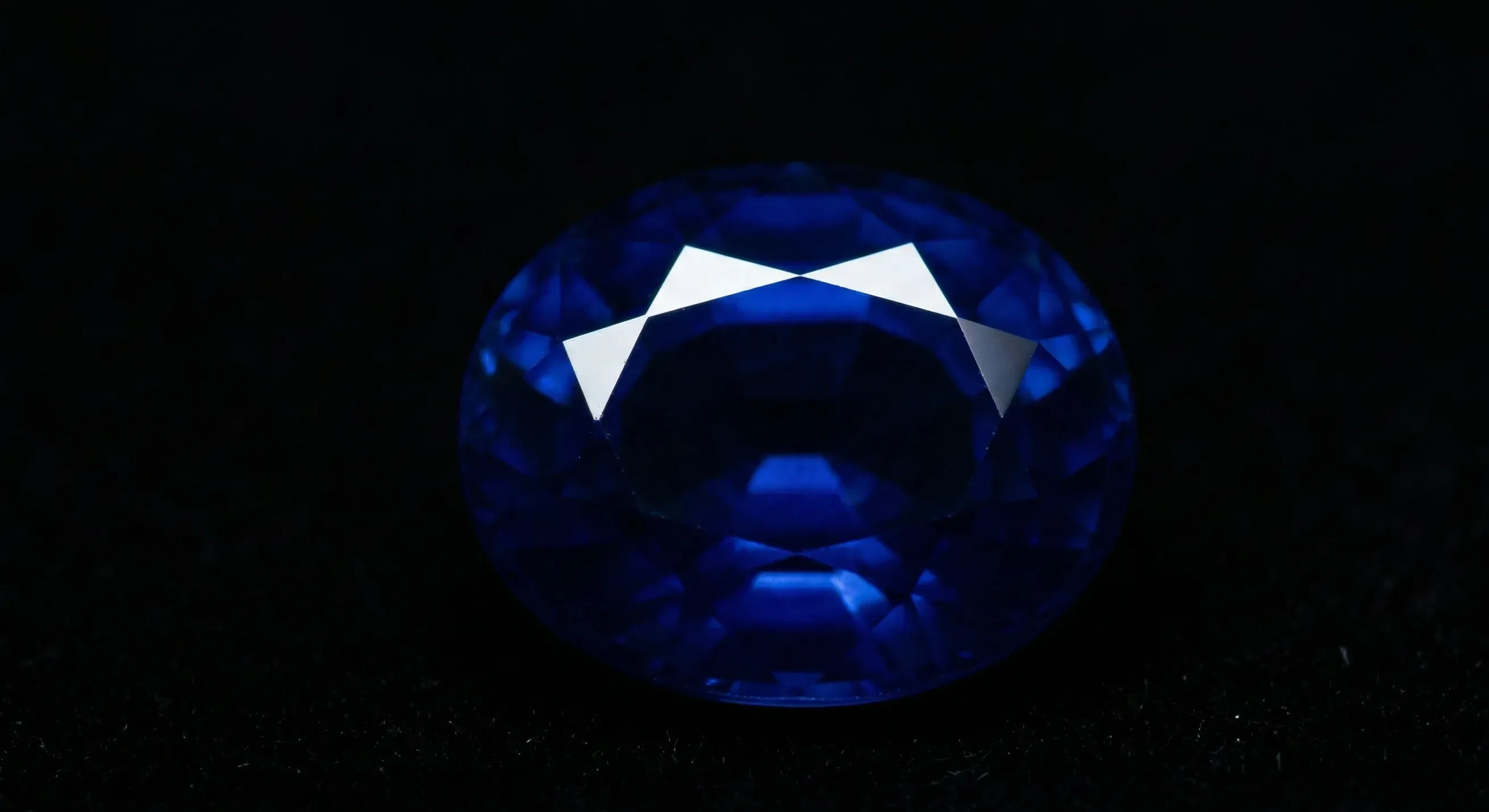 Oval-cut royal blue sapphire on a dark background with directional lighting highlighting saturated color and facet reflections.
