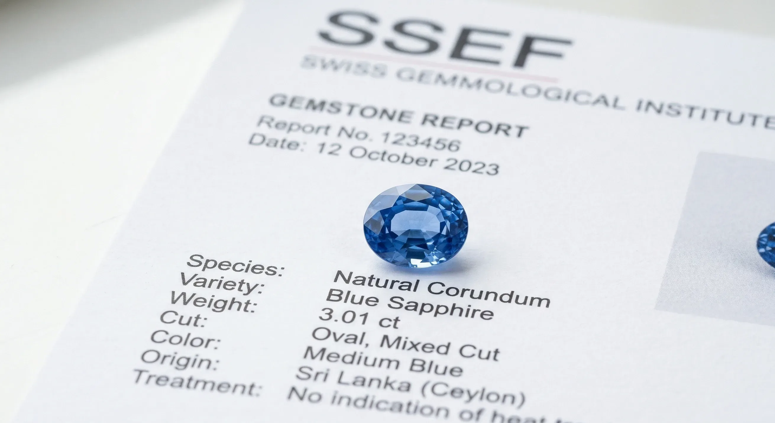Oval blue sapphire resting on an SSEF gemstone report listing Sri Lanka (Ceylon) as geographic origin.