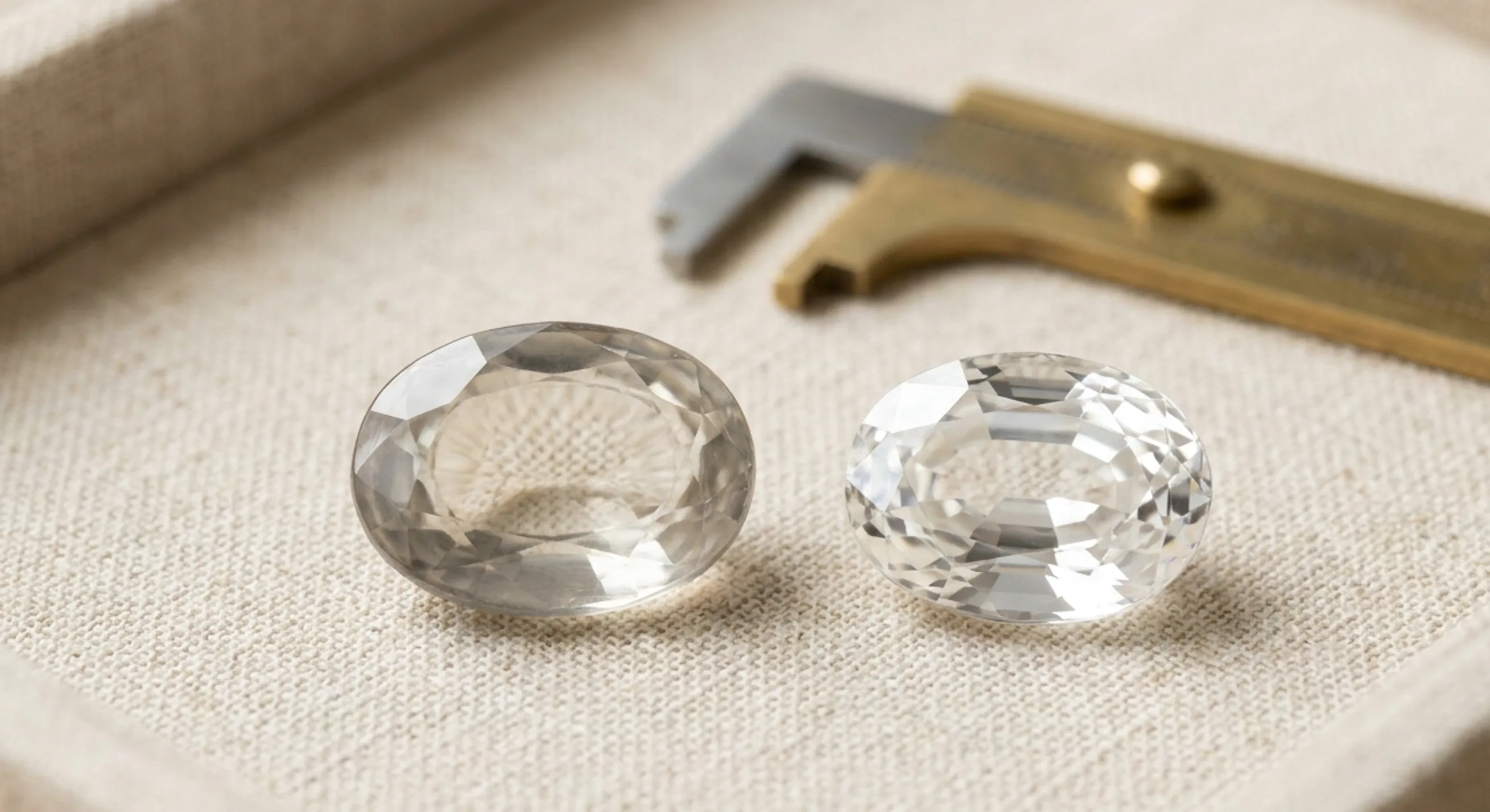 A windowed native-cut white sapphire next to a bright recut white sapphire on pale linen
