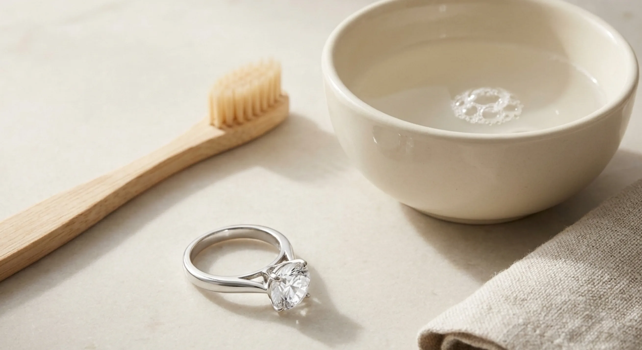 A white sapphire solitaire with an open gallery setting beside a soft toothbrush and a bowl of soapy water