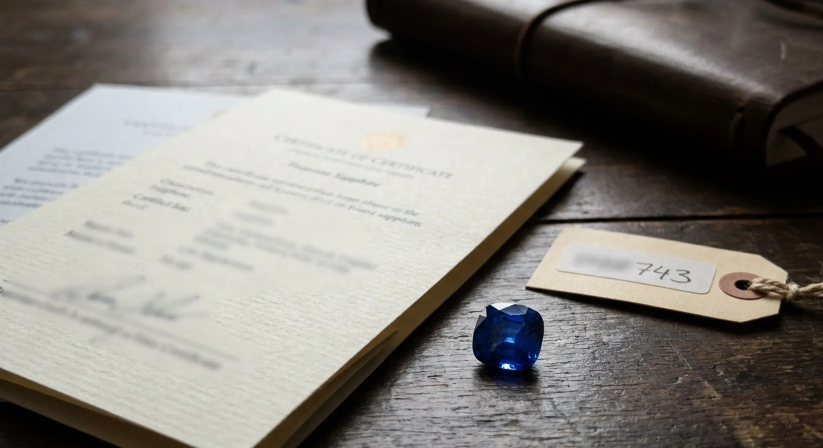 A loose sapphire beside a folded lab certificate and a numbered paper tag on dark wood