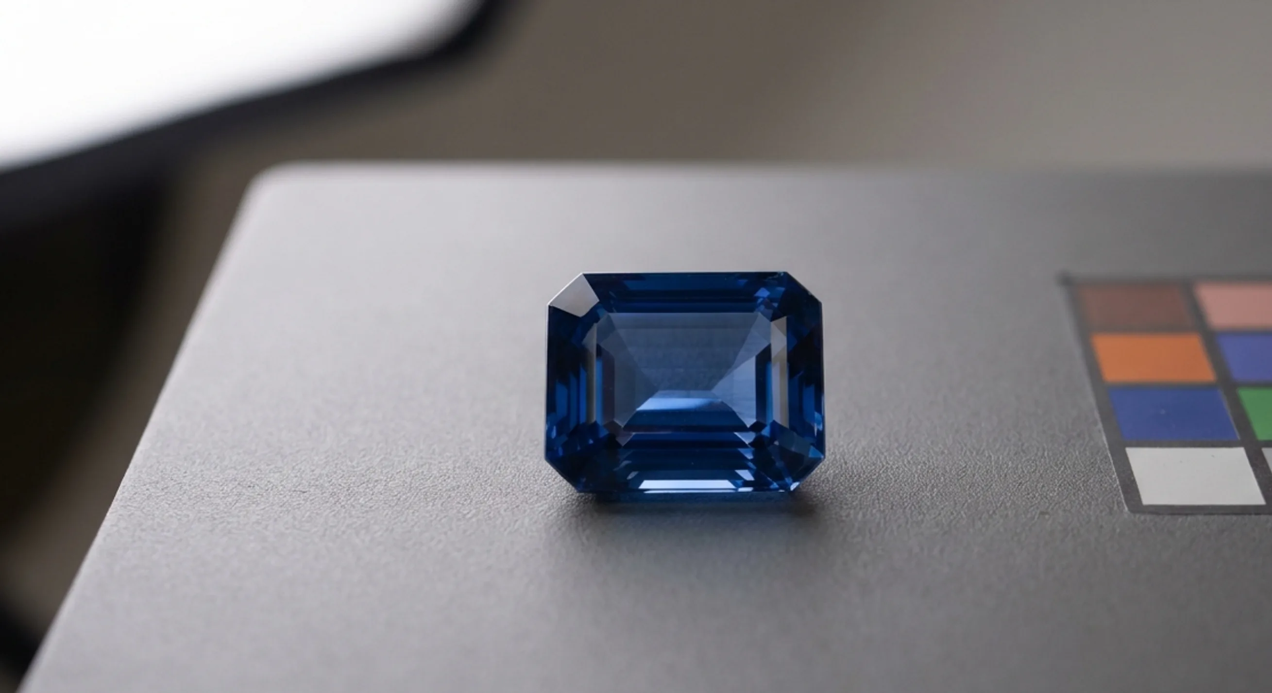 A loose sapphire on a neutral gray card under consistent lighting with a color reference swatch