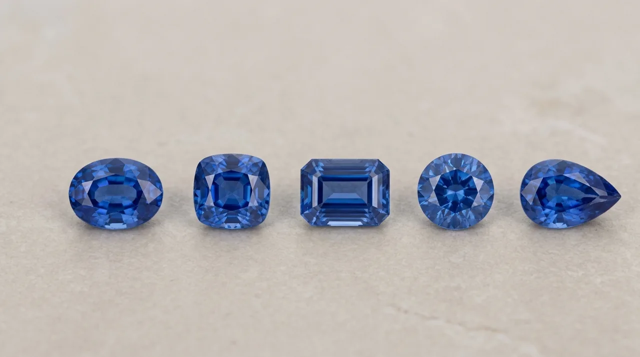 A macro comparison of five Ceylon sapphire cuts laid in a row on a neutral pale surface, oval, cushion, emerald cut, round, and pear, each a saturated blue, under even studio lighting.