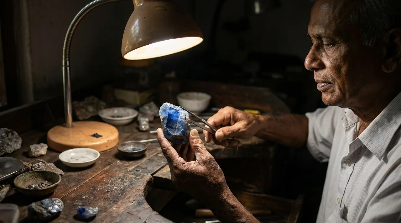 A Sri Lankan lapidary studying a large piece of blue sapphire rough under a desk lamp, turning it in tweezers to read the colour along different axes, warm focused light on a dark workbench.