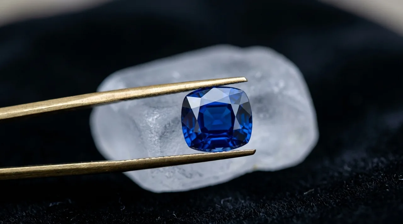 A finished deep-blue cushion-cut Ceylon sapphire held in brass tweezers above its original rough crystal, both resting on dark velvet, soft daylight showing the saturated colour.
