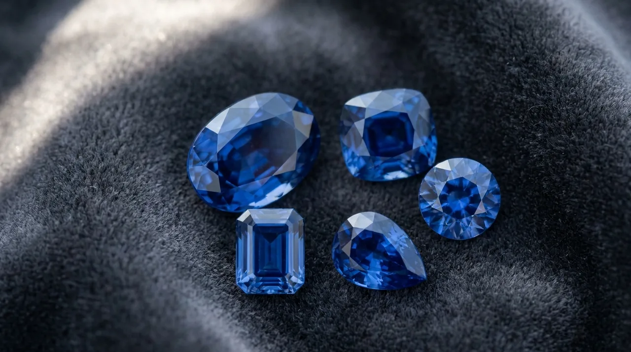 An overhead arrangement of loose Ceylon blue sapphires in different cuts on dark grey velvet, an oval, a cushion, an emerald cut, a round, and a pear, lit by a single soft daylight source.