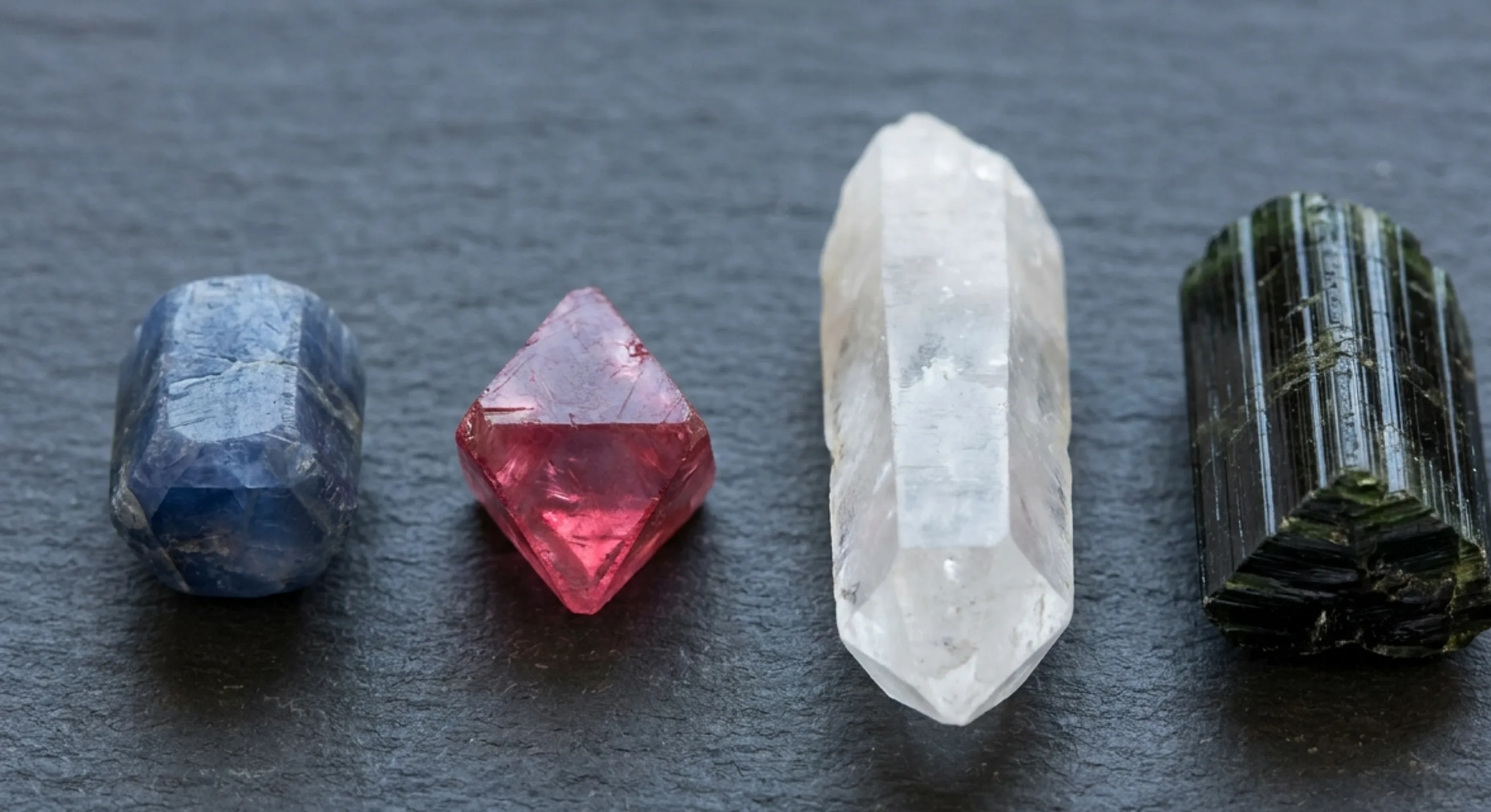 Four rough crystals side by side: sapphire barrel, spinel octahedron, quartz prism and grooved tourmaline