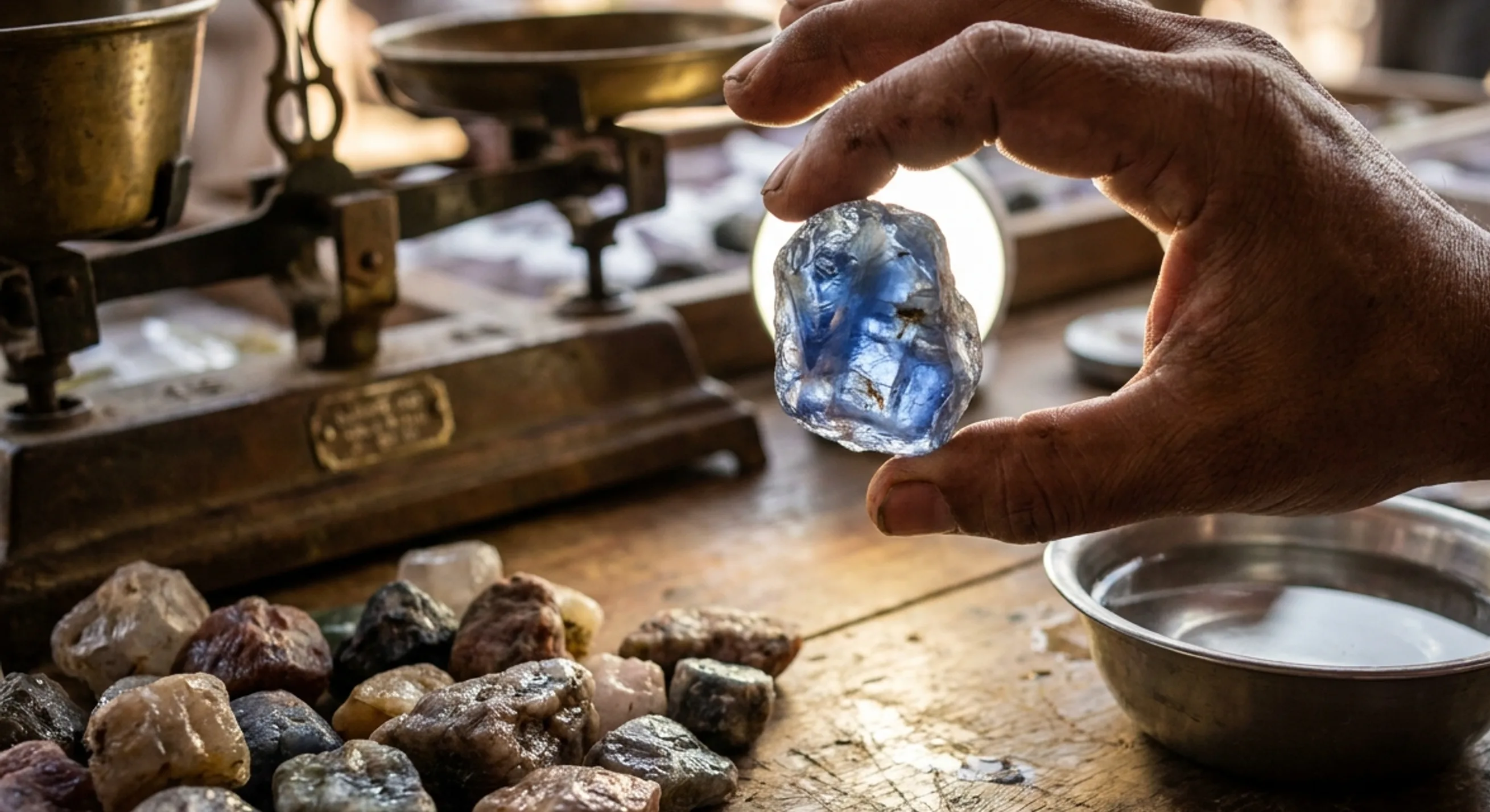 Wetted rough sapphire held to the light on a worn wooden table beside a brass scale and rough stones