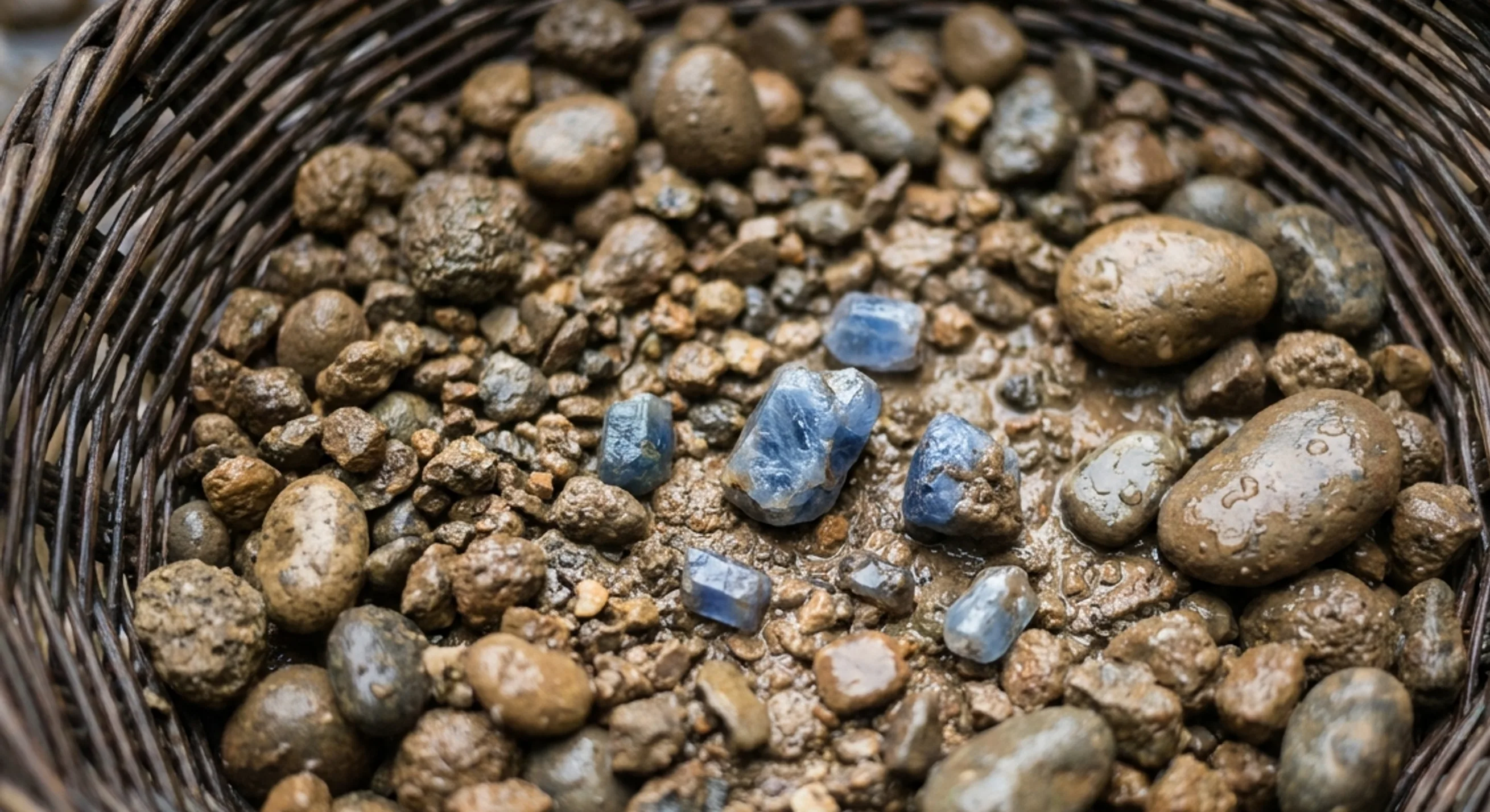 A hand-washing pan of wet river gravel with a few rough blue sapphire crystals among the pebbles