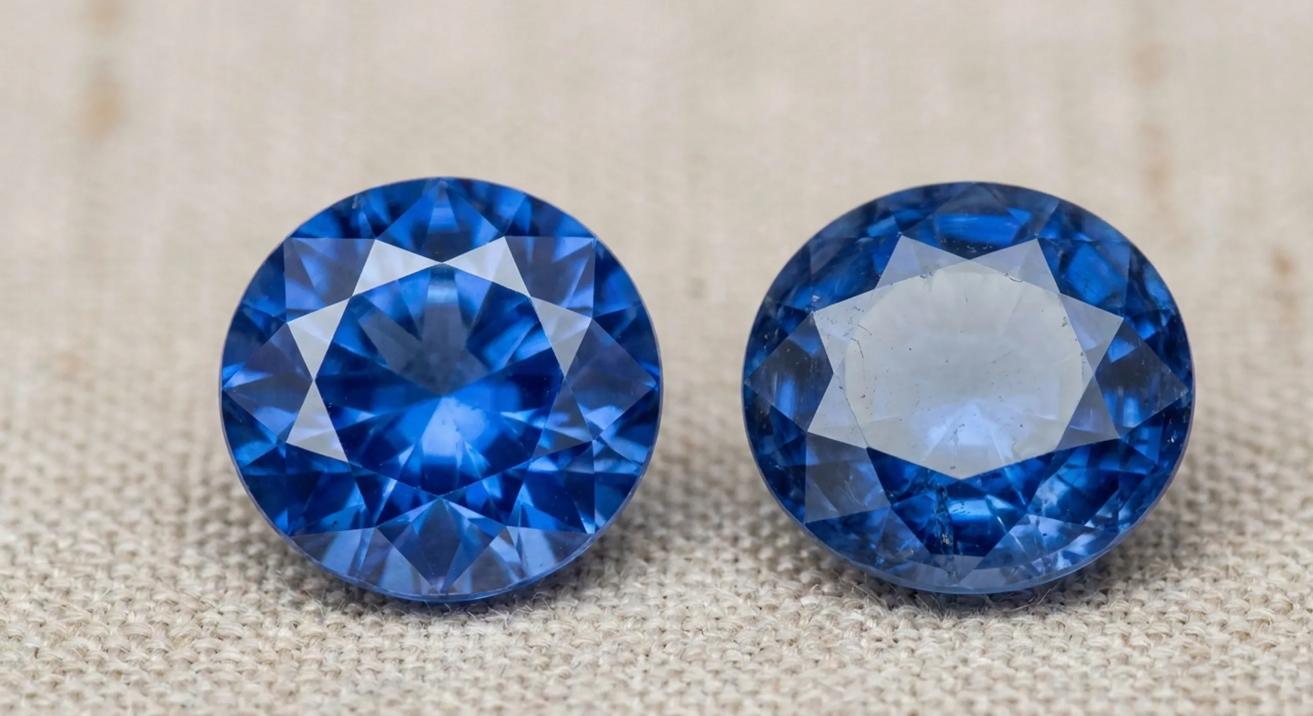 Two blue sapphires side by side comparing an evenly lit brilliant cut with one showing a dark central window