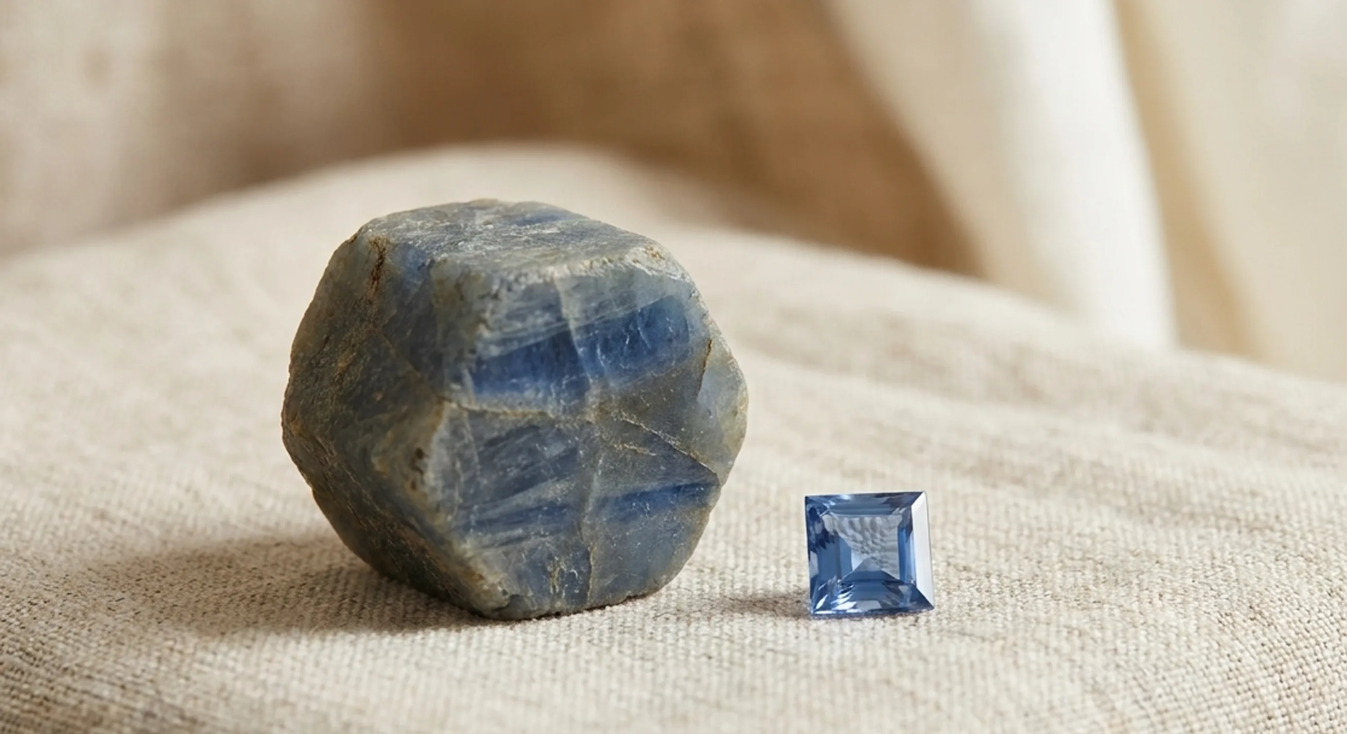 Hexagonal rough Ceylon sapphire crystal next to a smaller finished princess-cut blue sapphire on oatmeal linen