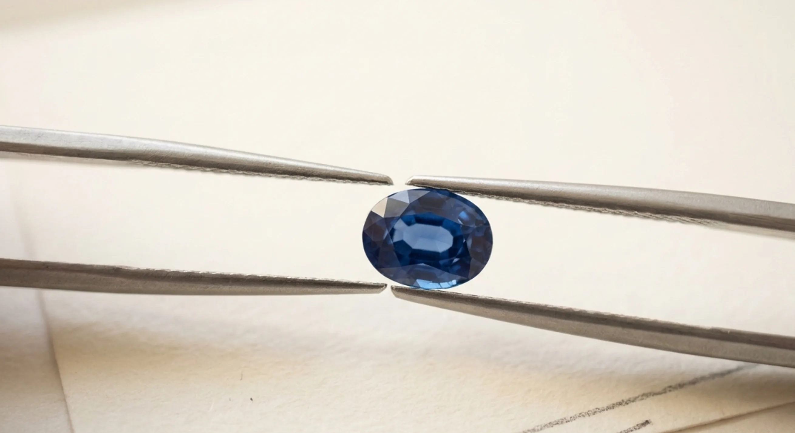 An oval blue sapphire held in tweezers over white paper with faint pencil lines to check for windowing
