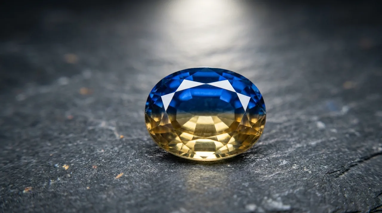A macro photograph of a parti sapphire on dark slate showing a sharp boundary between a vivid blue zone and a golden yellow zone within the same faceted crystal, lit by a single overhead light.