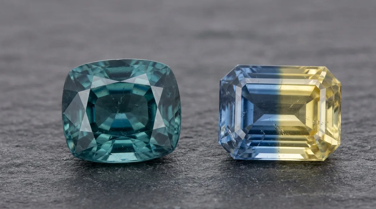 Two faceted sapphires side by side on dark slate, one a blended blue-green teal showing a single mixed colour, the other a parti showing a distinct boundary between a blue zone and a yellow zone, under soft even studio lighting.