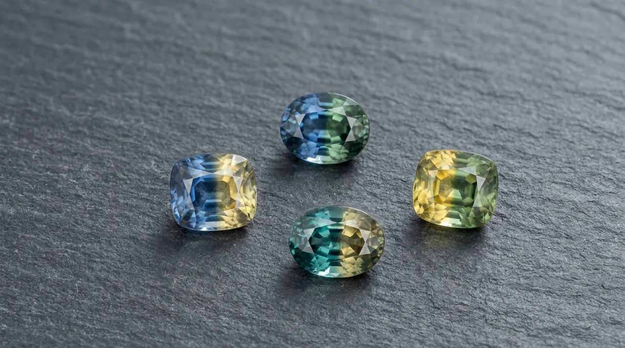 A flat lay of four loose parti sapphires on charcoal slate showing different colour combinations, blue and yellow, blue and green, and teal and gold, each with a visible internal boundary, under soft directional lighting.