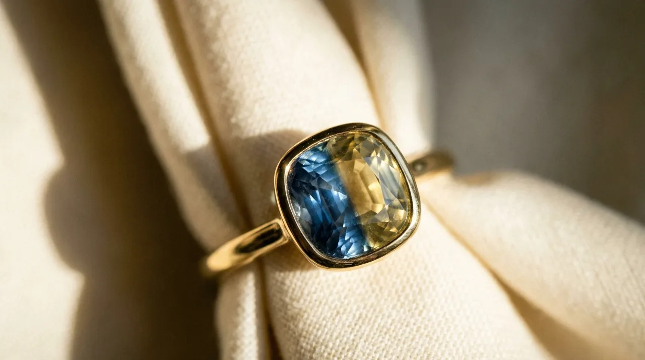 A parti sapphire engagement ring with a cushion-cut blue-and-yellow centre stone in a yellow gold bezel setting, resting on folded cream linen, the colour boundary in the stone catching soft warm light.