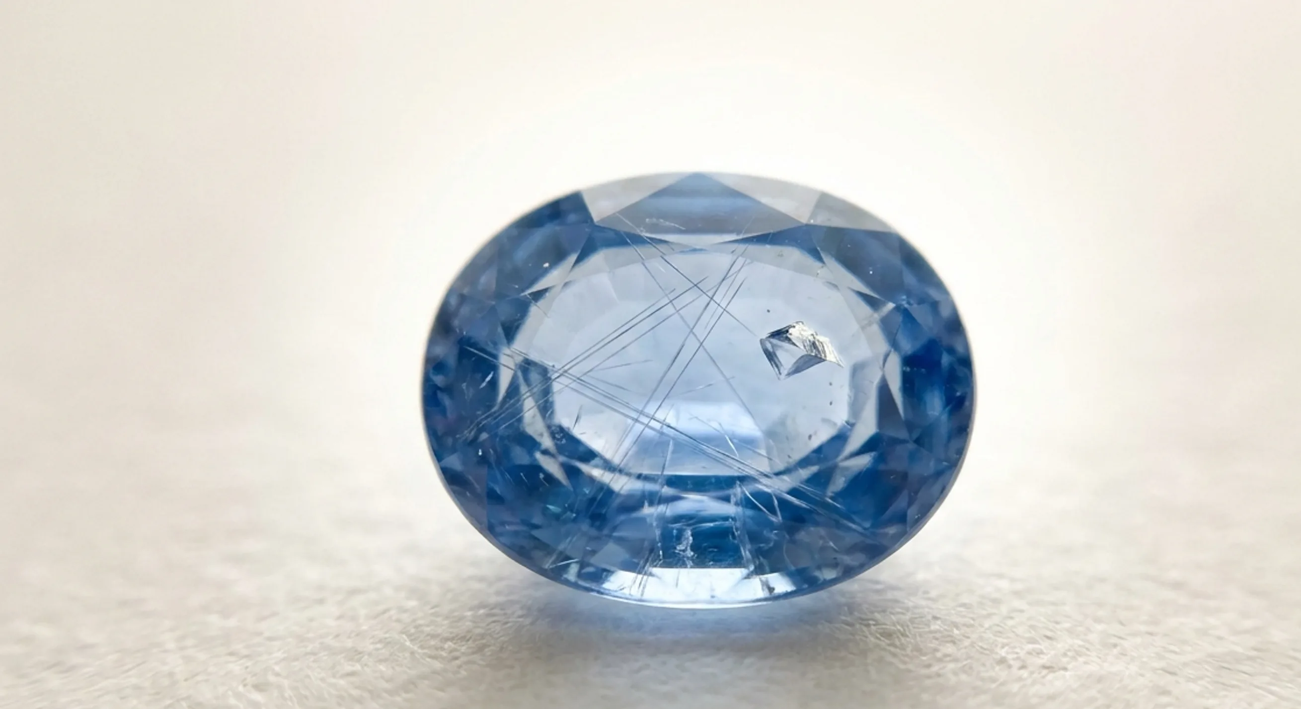 Macro view of fine rutile silk needles and a tiny crystal inside a clear blue Ceylon sapphire