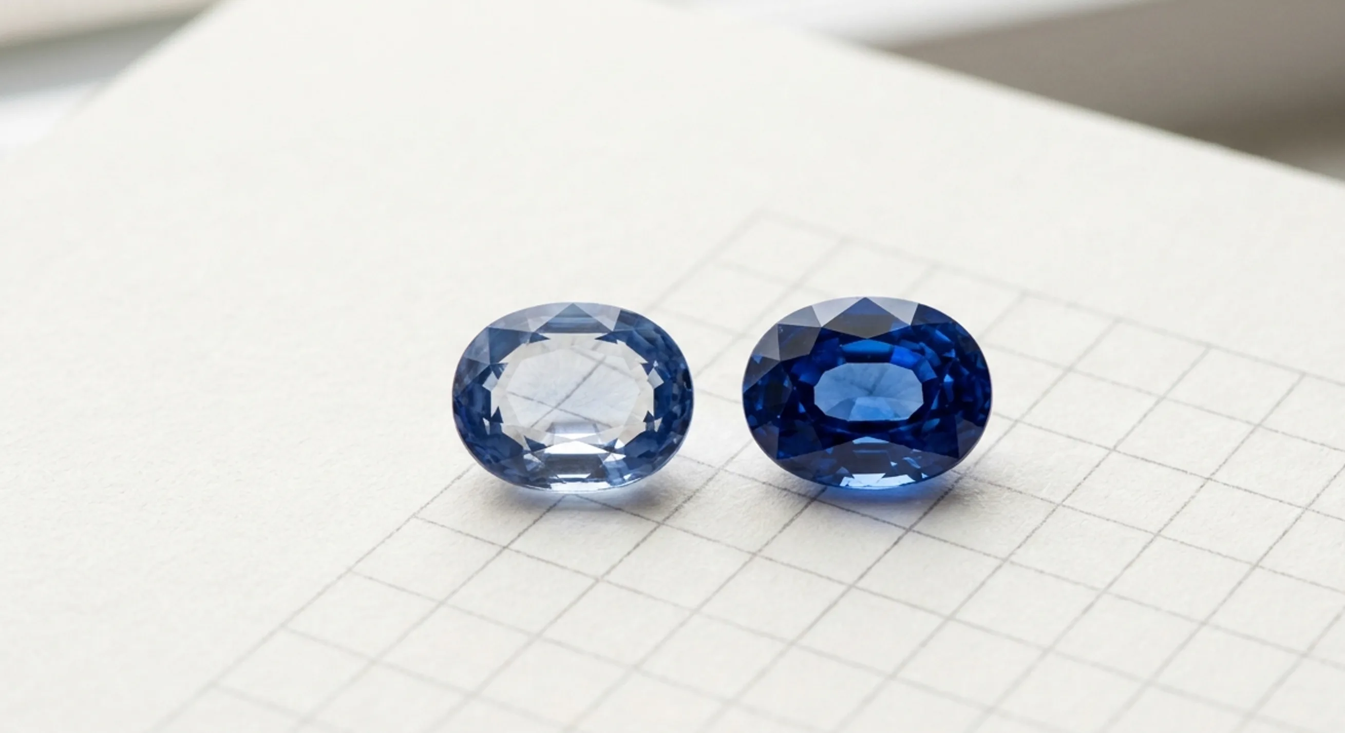 Two blue sapphires on grid paper: one with a see-through window in its centre, one well cut with colour across the whole face