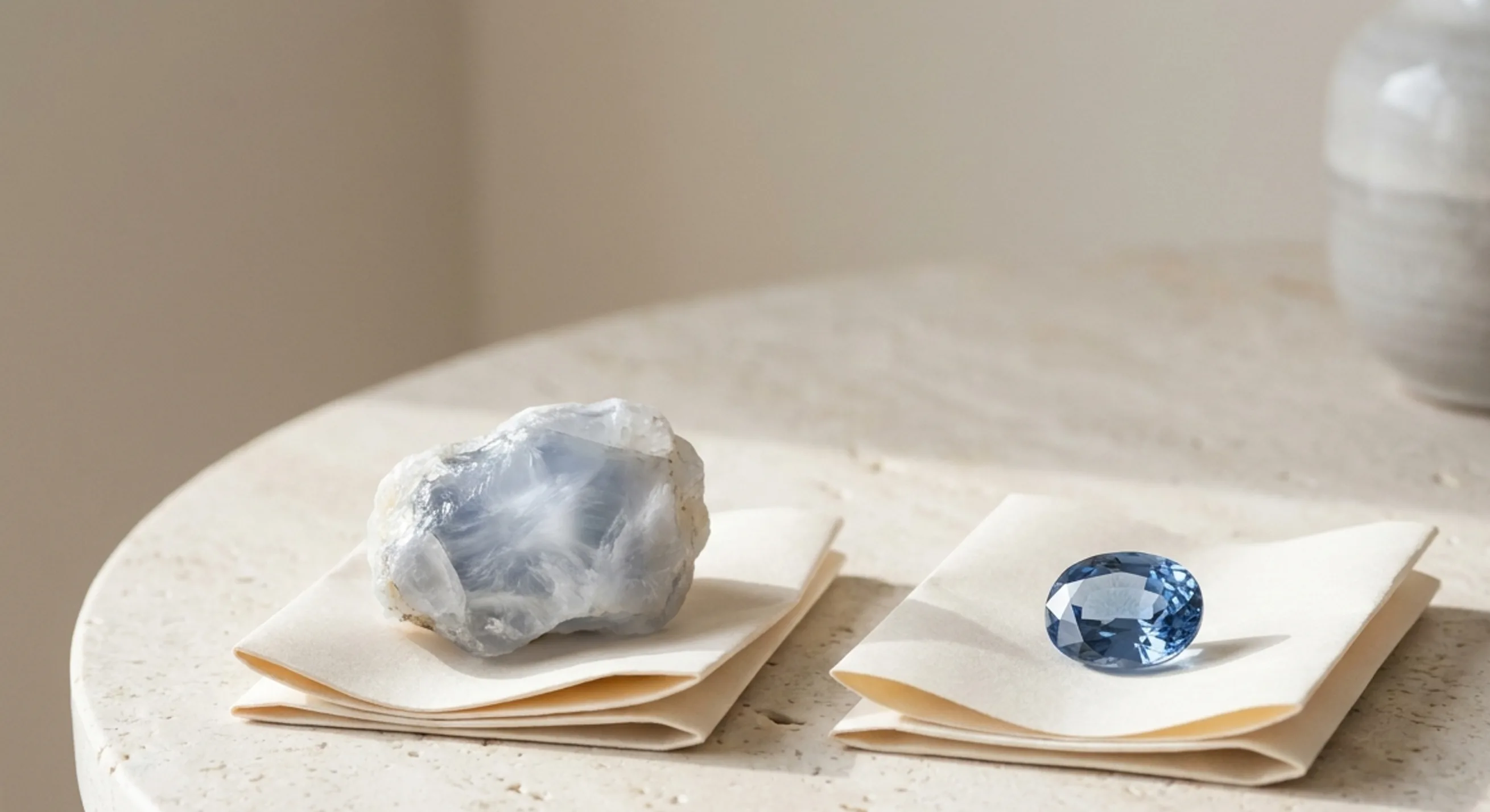 Milky rough geuda corundum beside a clear, faceted blue Ceylon sapphire on pale stone