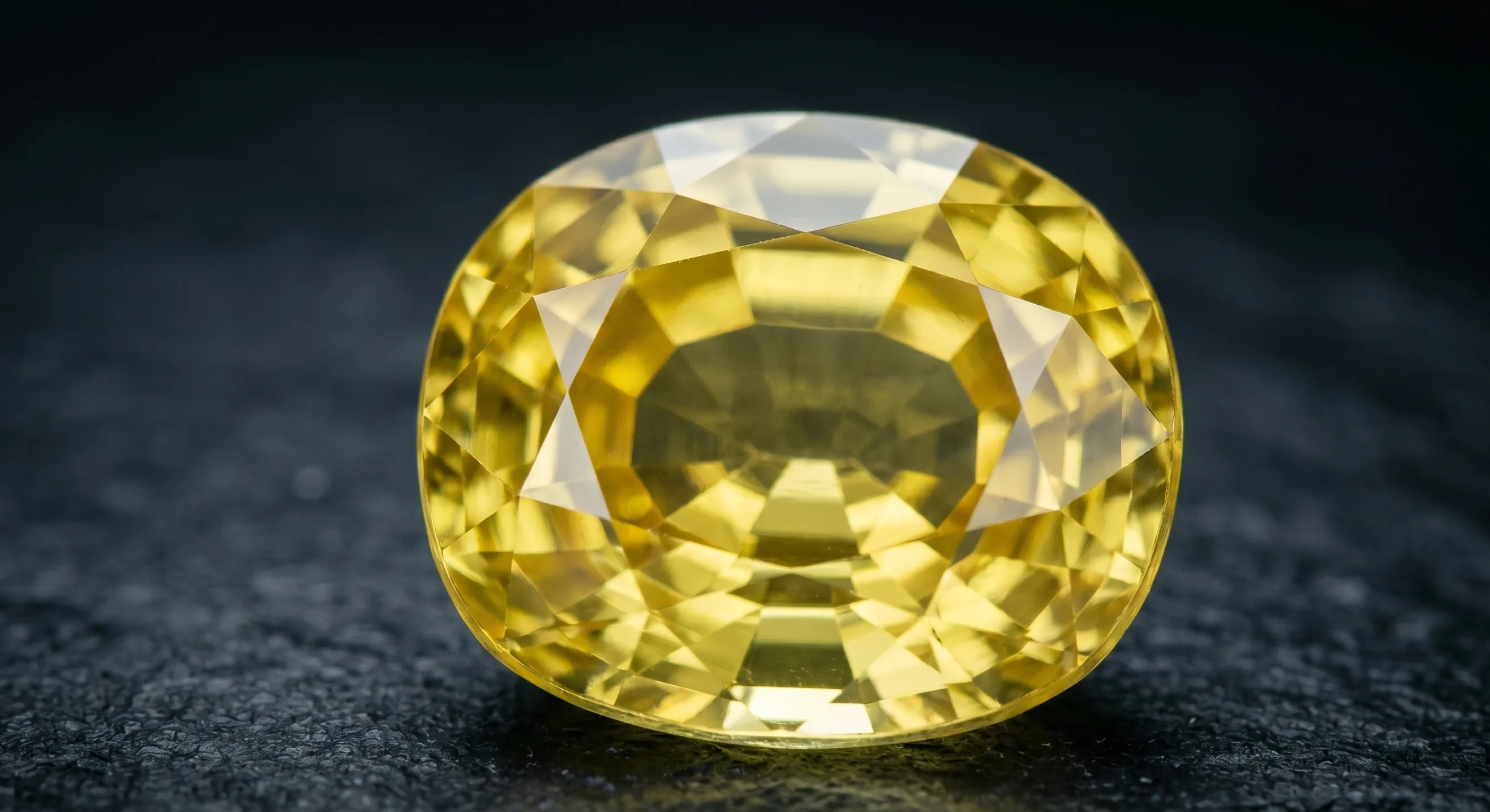 A macro shot of a faceted yellow Ceylon sapphire cushion showing the clean lemon-honey body and well-defined facet pattern, sitting on dark slate under soft directional lighting.