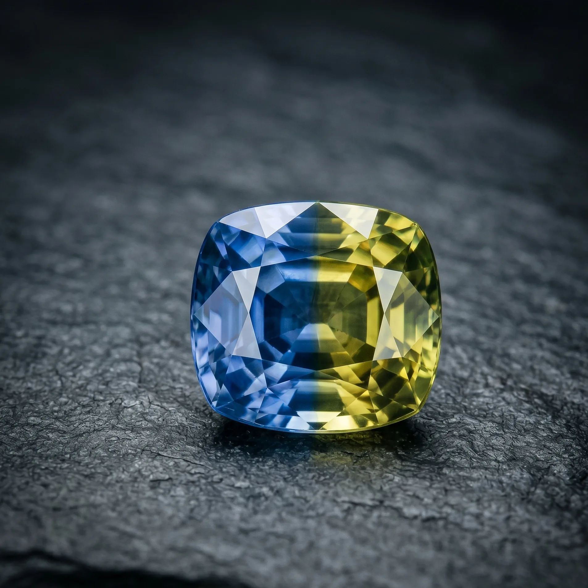 A close-up of a parti sapphire showing a clear boundary between a blue zone and a yellow-green zone within the same crystal, photographed on dark slate with a single overhead light that defines the colour split.