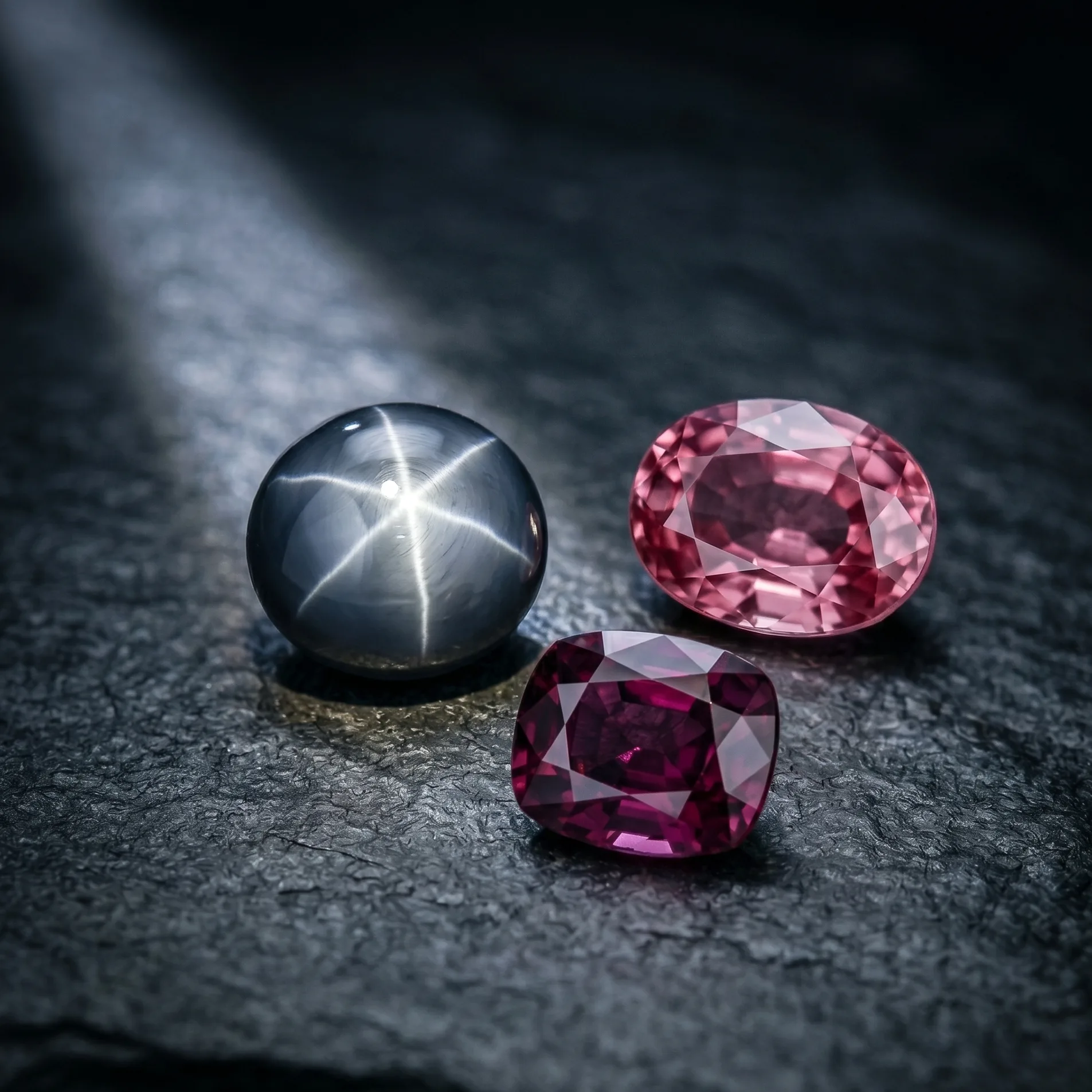 A small selection of non-corundum Sri Lankan stones on dark slate including a star sapphire cabochon showing a sharp six-rayed star, a pink spinel oval, and a raspberry rhodolite garnet, under soft directional lighting.
