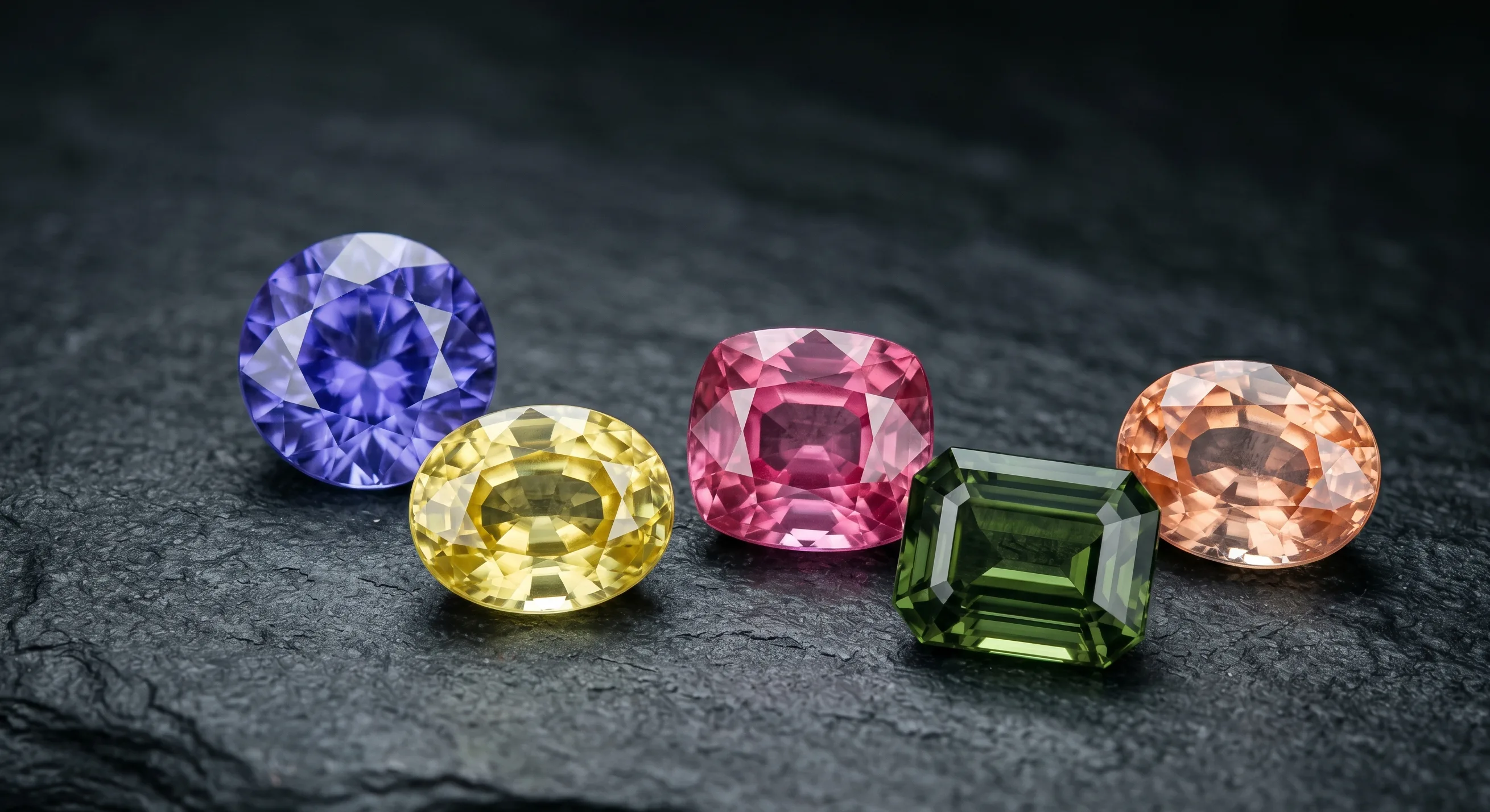 A small grouping of loose Sri Lankan sapphires in different colours arranged on dark slate: a yellow oval, a pink cushion, a violet round, a green emerald-cut, and a peachy padparadscha, under soft directional studio lighting.