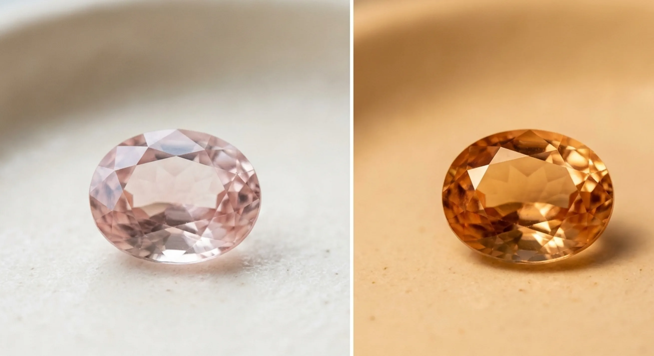 One peach sapphire shown under daylight and warm indoor light revealing a shift from soft blush to deeper orange-gold