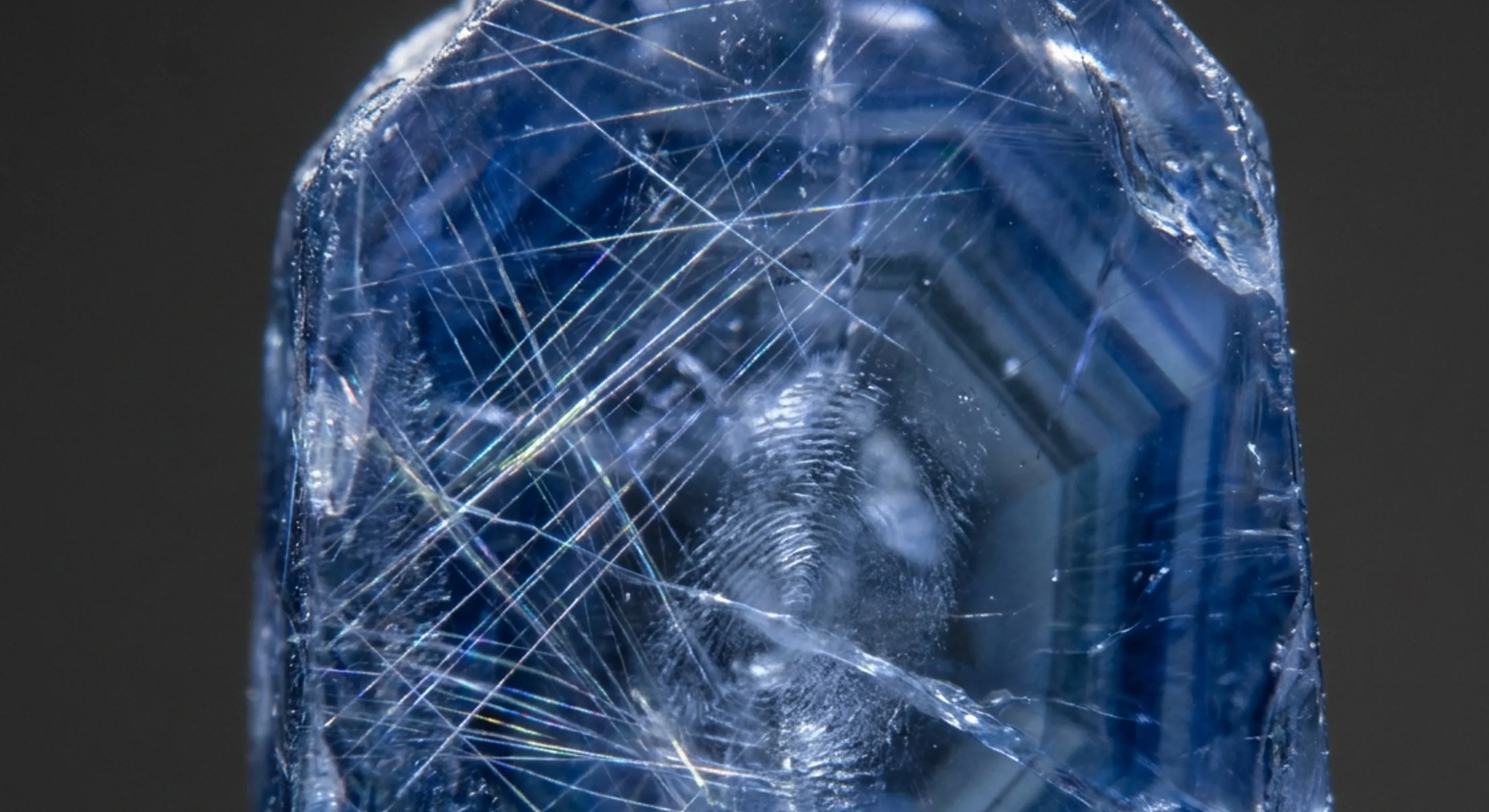 Magnified natural blue sapphire showing internal rutile silk and healed-fracture inclusions