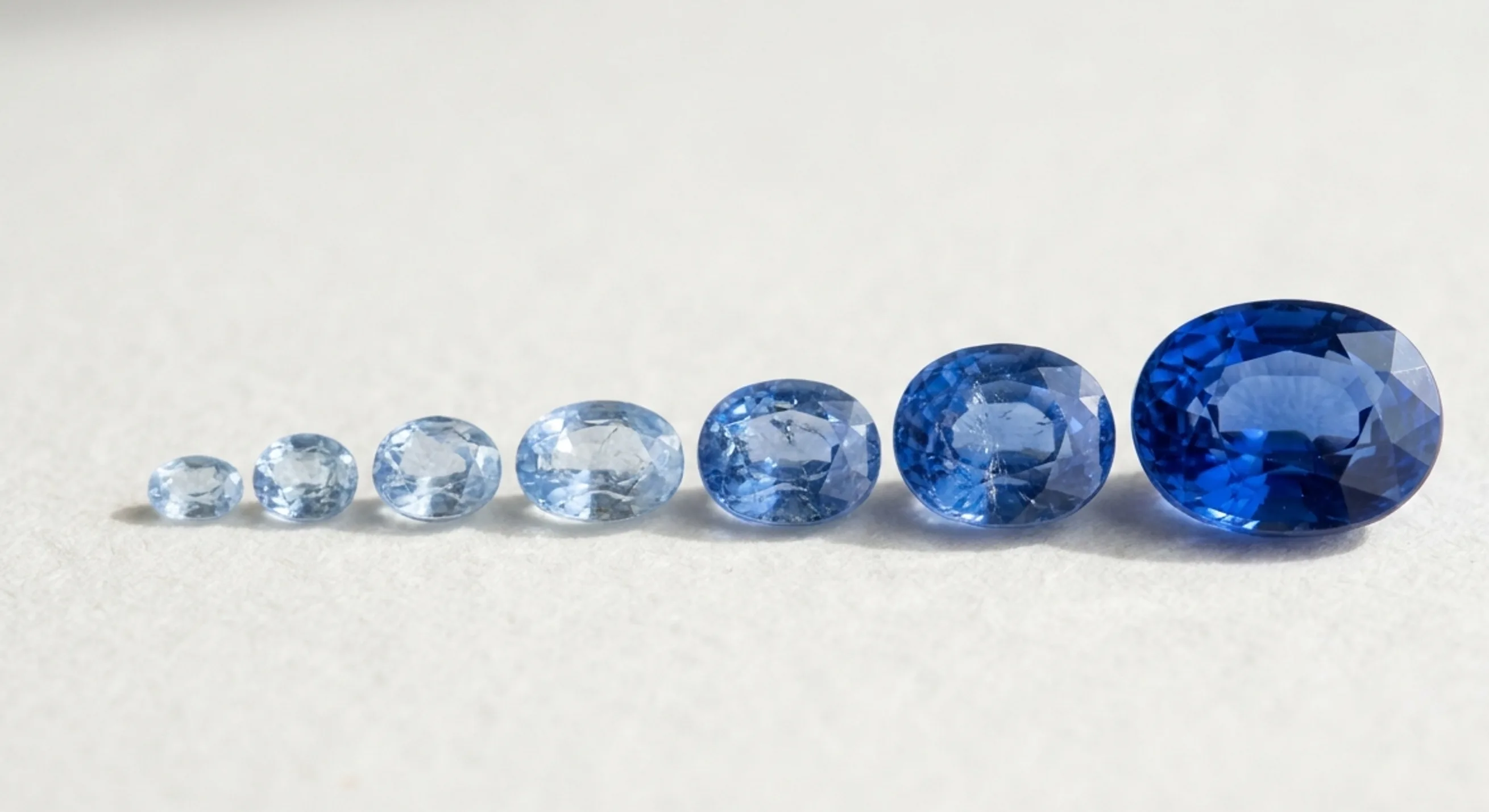 A row of loose blue Ceylon sapphires increasing in size and color saturation