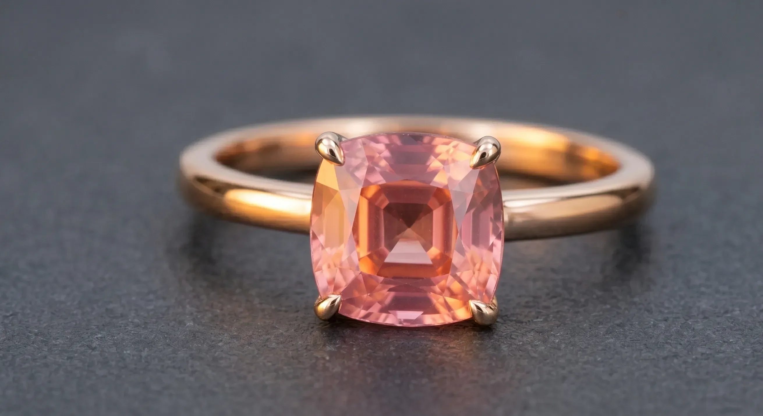 Solitaire ring with a cushion-cut padparadscha sapphire in a four-prong setting on a polished rose-gold band, on a dark matte surface.