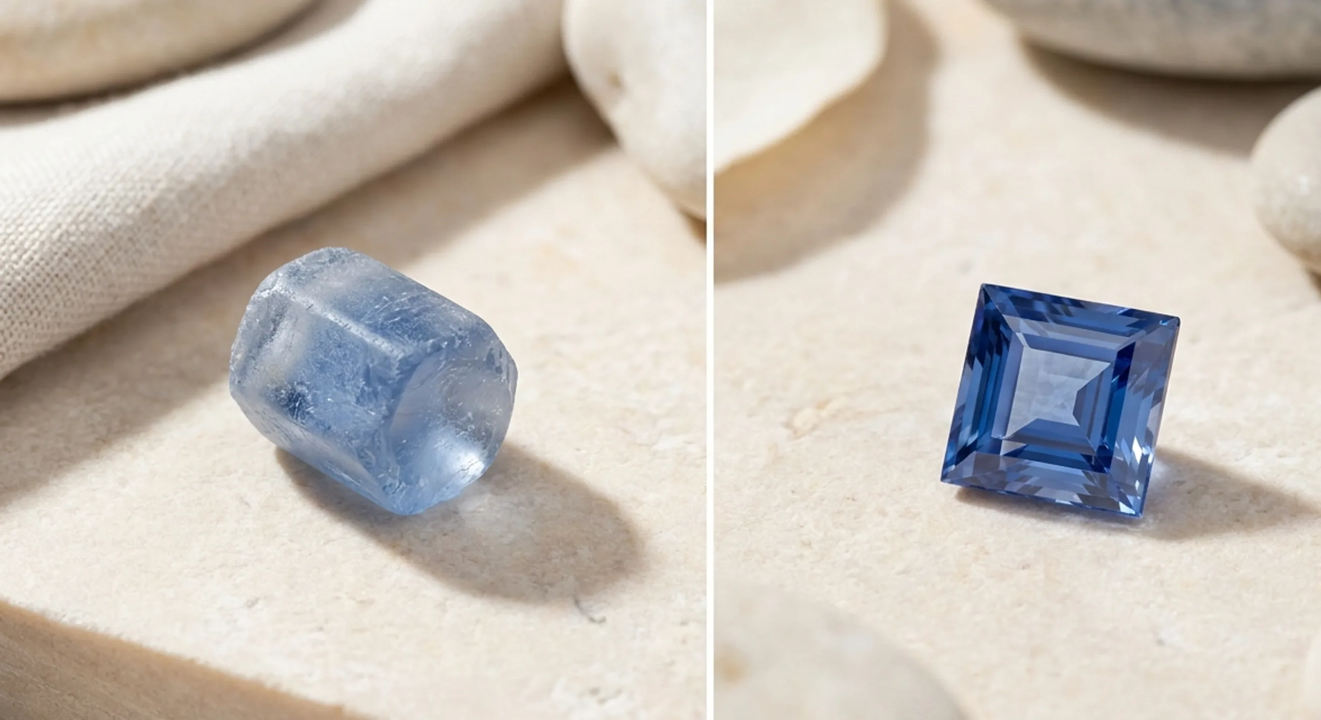A rough barrel-shaped hexagonal Ceylon sapphire crystal next to a finished square princess cut blue sapphire