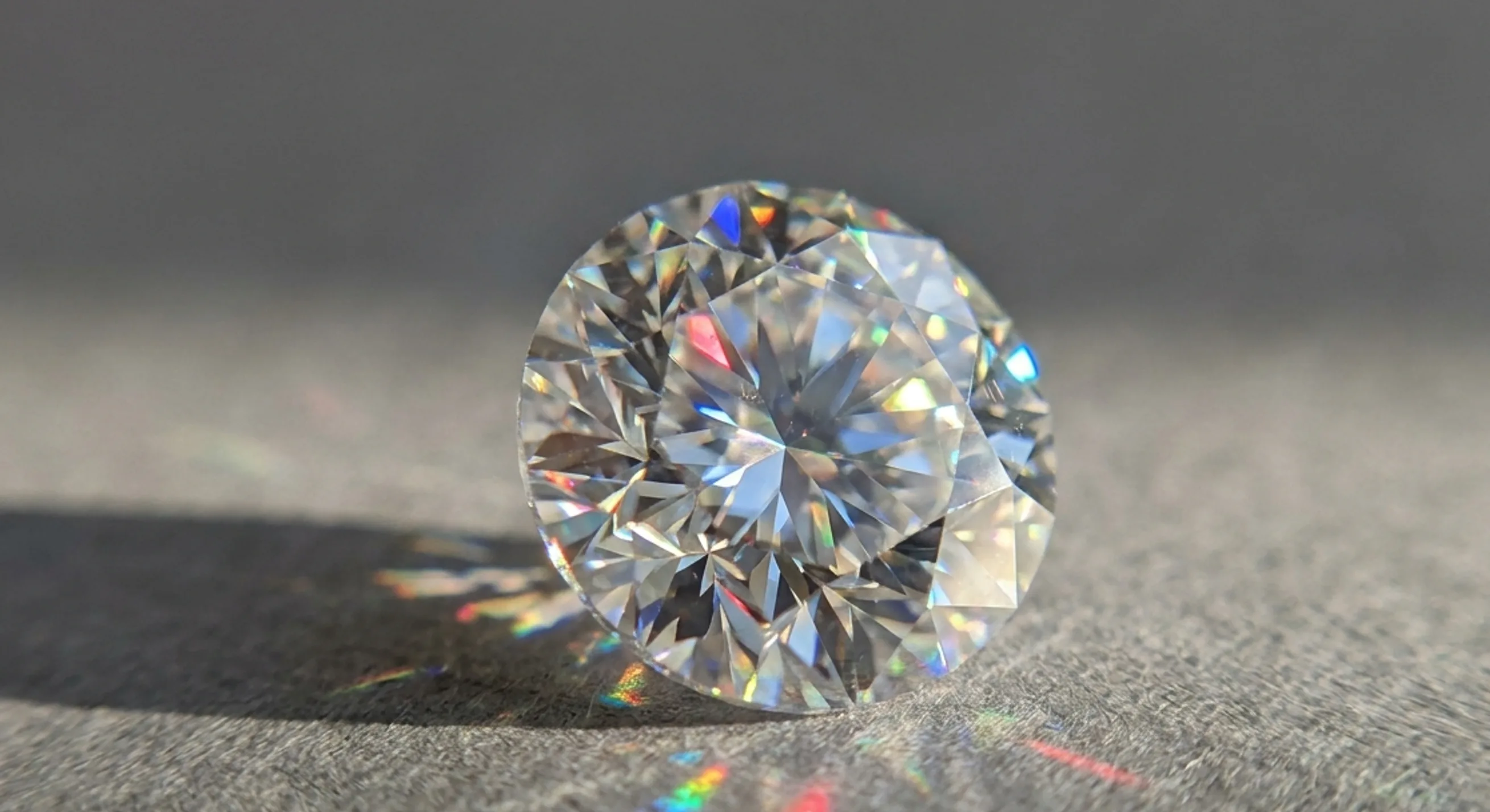 Single round moissanite showing bright rainbow fire under angled light on a matte grey surface