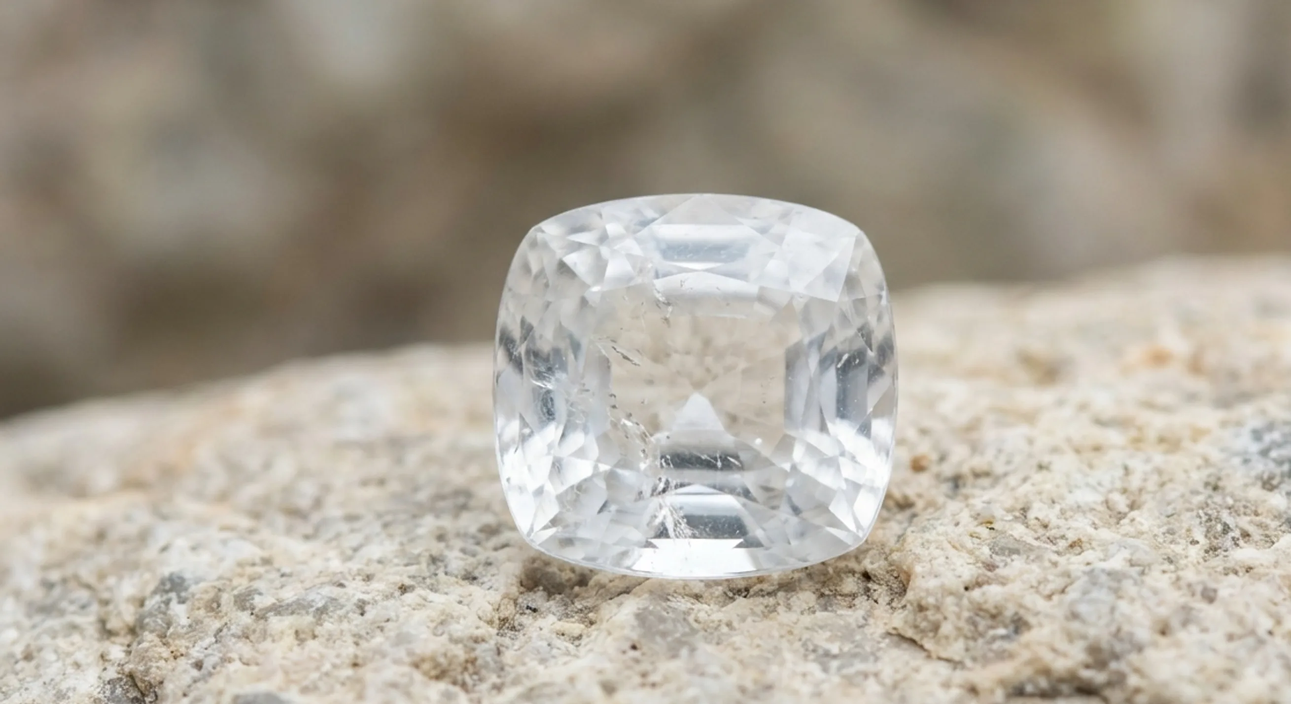 Cushion-cut natural Ceylon white sapphire on pale mineral rock in neutral daylight