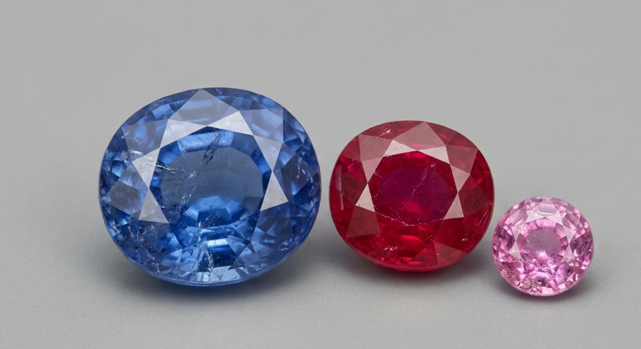 A blue sapphire, a pink sapphire and a red ruby side by side on a grey surface