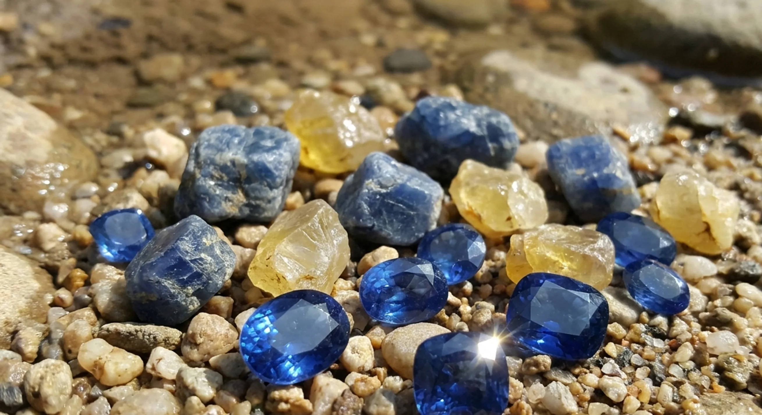 Cut and rough Ceylon sapphires resting in pale river gravel in daylight