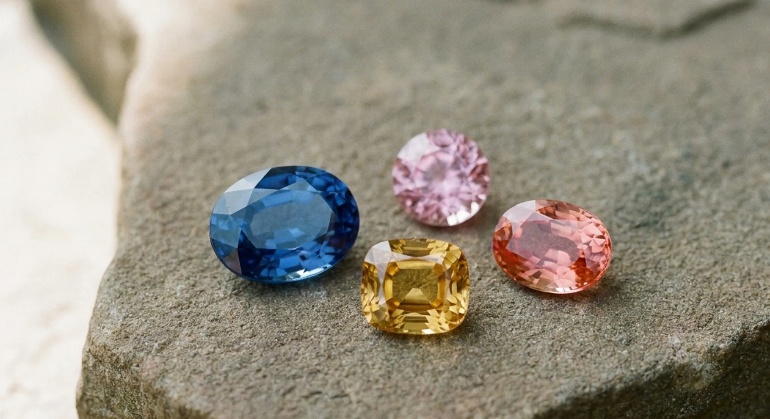 Loose blue, yellow, pink and padparadscha sapphires arranged on a muted stone surface