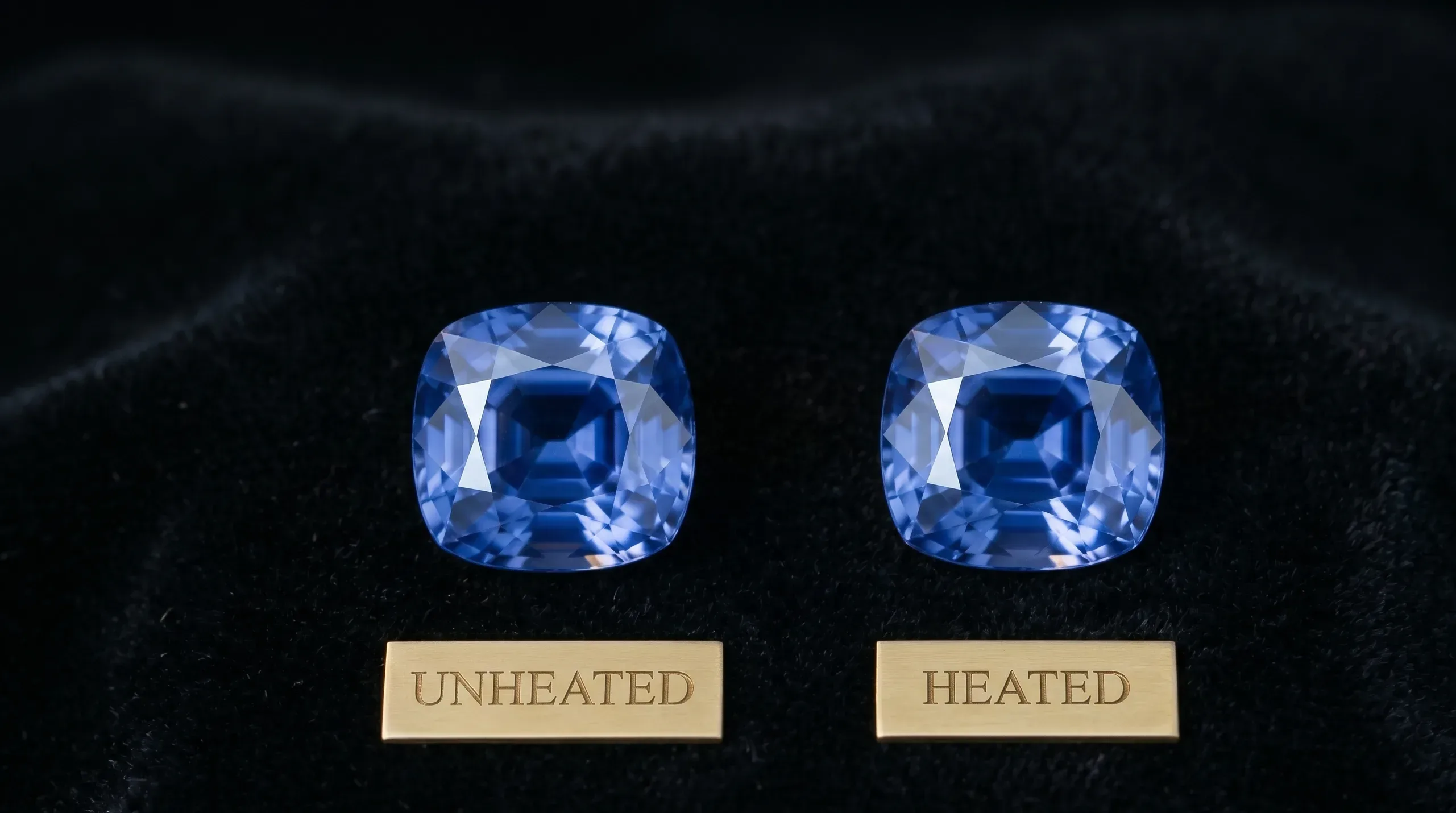 Two cushion-cut blue sapphires on black velvet with small gold plaques reading UNHEATED and HEATED, showing how similar face-up color can look between treated and untreated stones.
