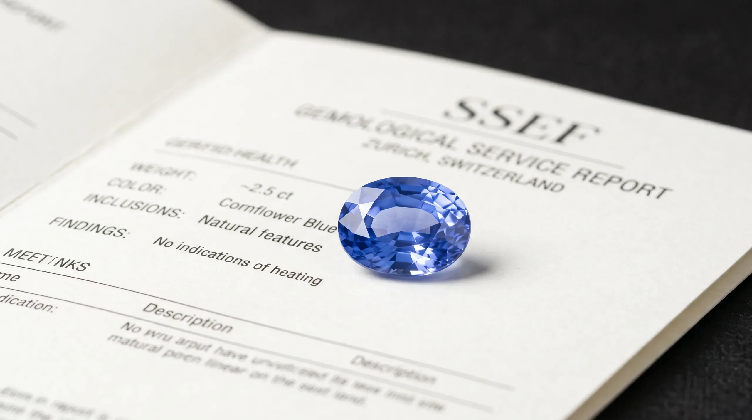 Oval cornflower blue sapphire on an SSEF gemological service report listing cornflower blue color and no indications of heating, on a dark background.