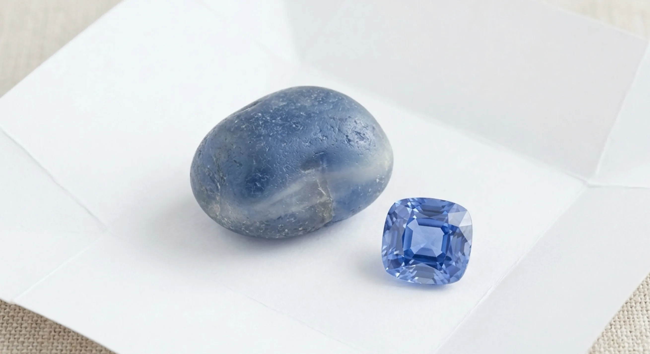 Waterworn blue sapphire rough on a white paper parcel next to the smaller cornflower-blue cushion sapphire cut from it