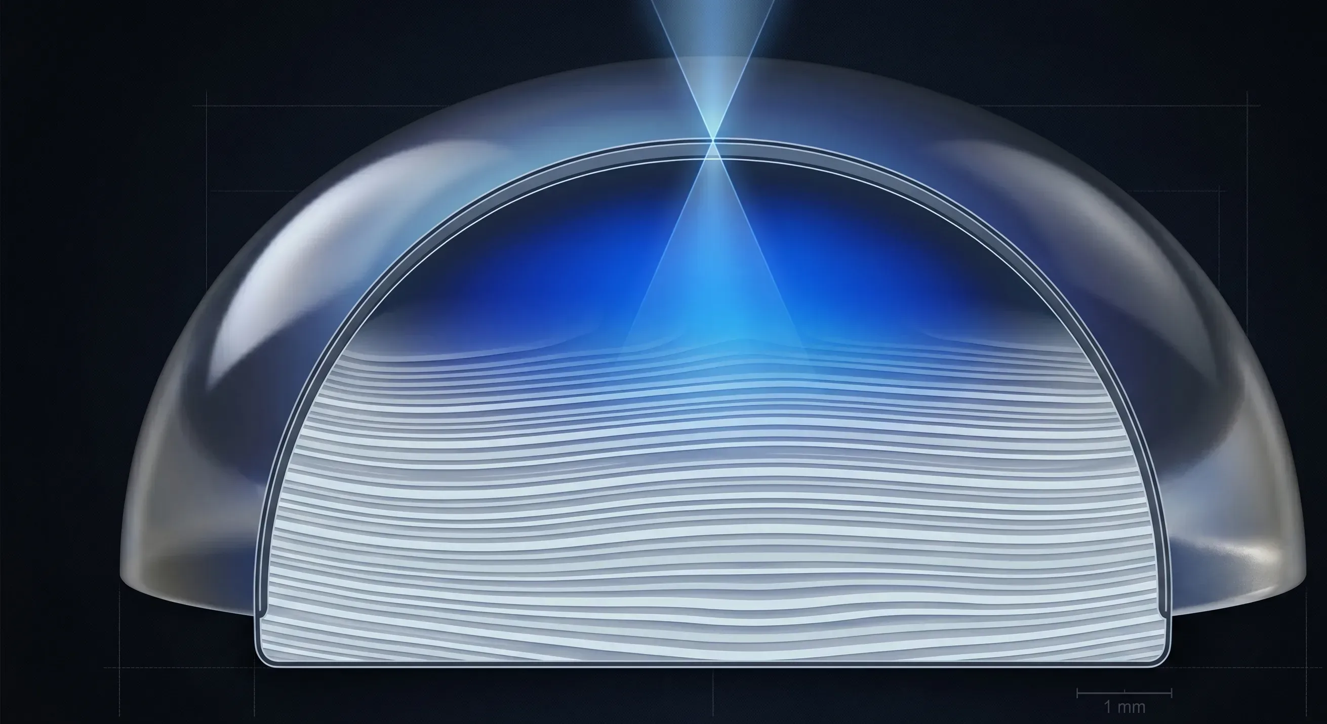 Diagram showing alternating orthoclase and albite feldspar layers inside a Ceylon moonstone cabochon with blue adularescence rising toward the dome