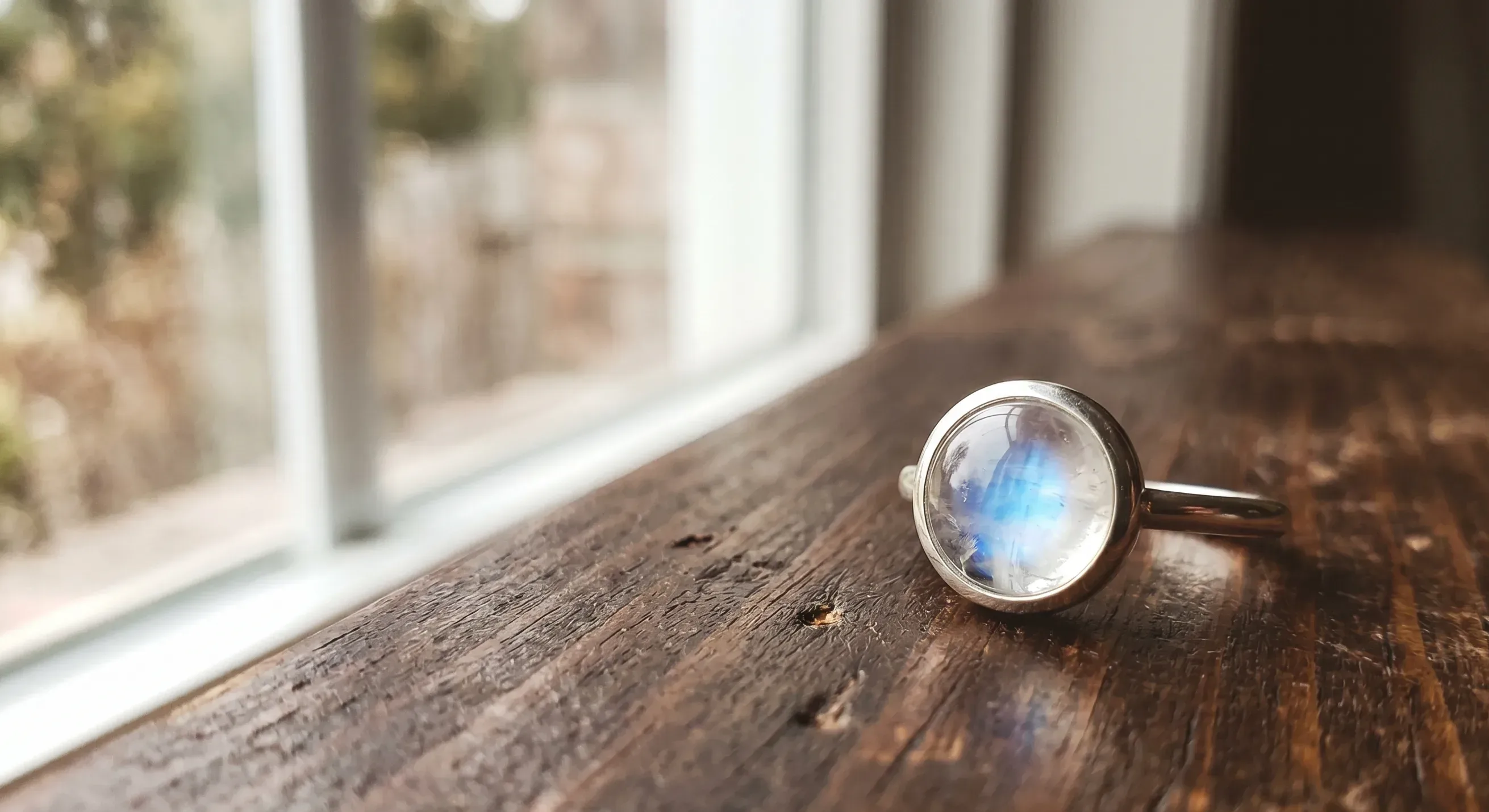 A colorless Ceylon moonstone set in a close bezel ring photographed under natural window light on dark fabric