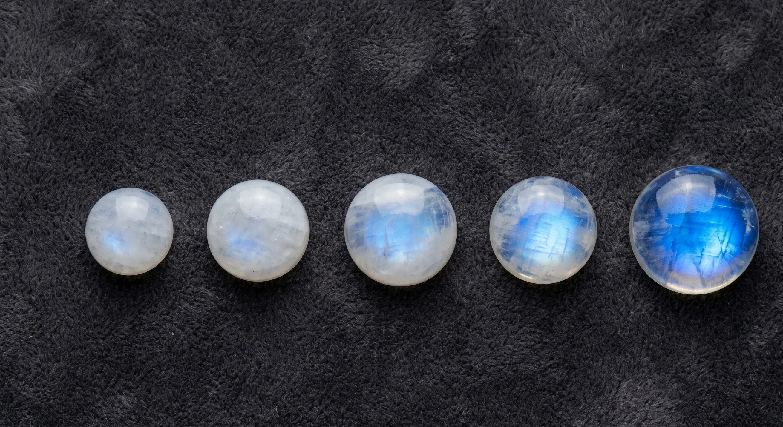 Five graded Ceylon moonstone cabochons arranged in a row by adularescence intensity on dark velvet, photographed from above