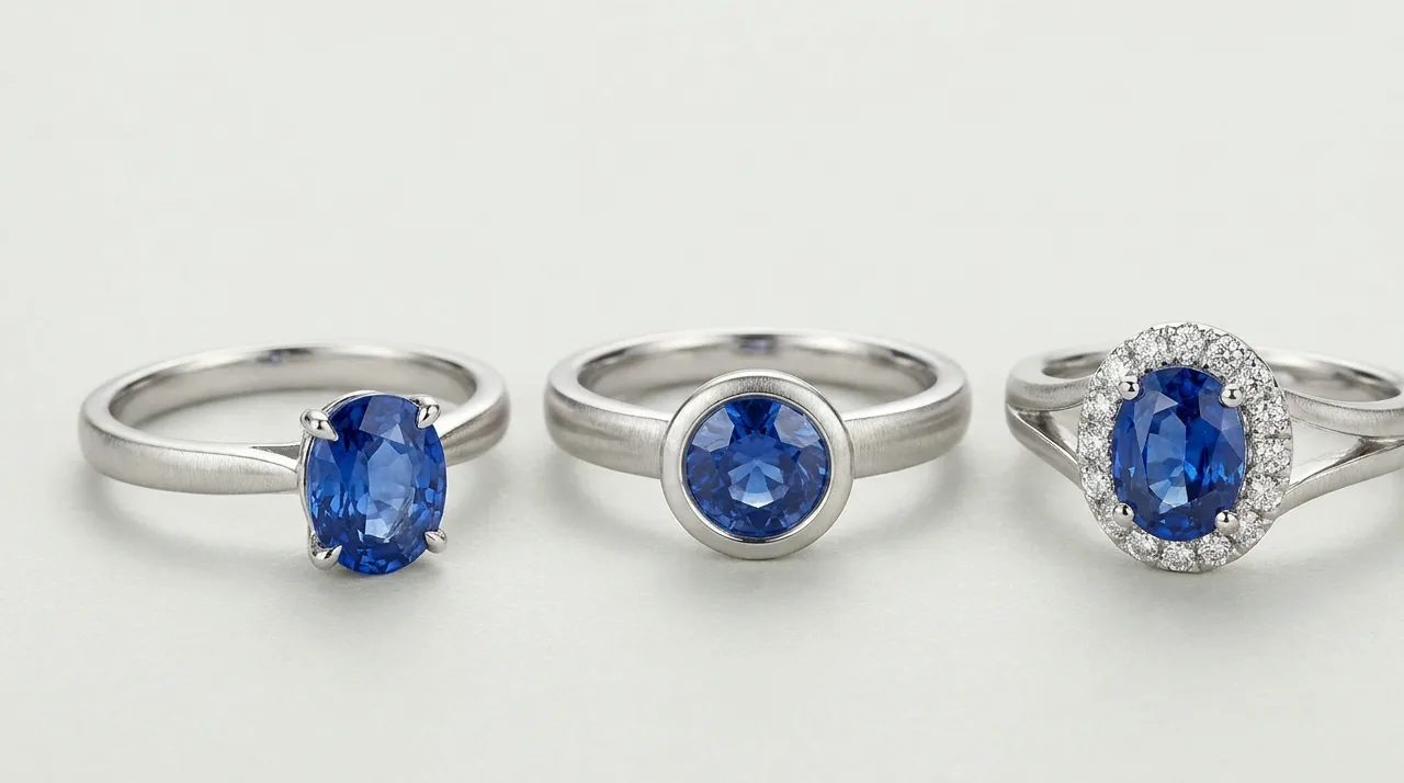 Macro comparison of three sapphire ring settings side by side on a neutral surface, a four-prong solitaire, a full bezel, and a diamond halo, each holding a blue Ceylon sapphire, even studio lighting.