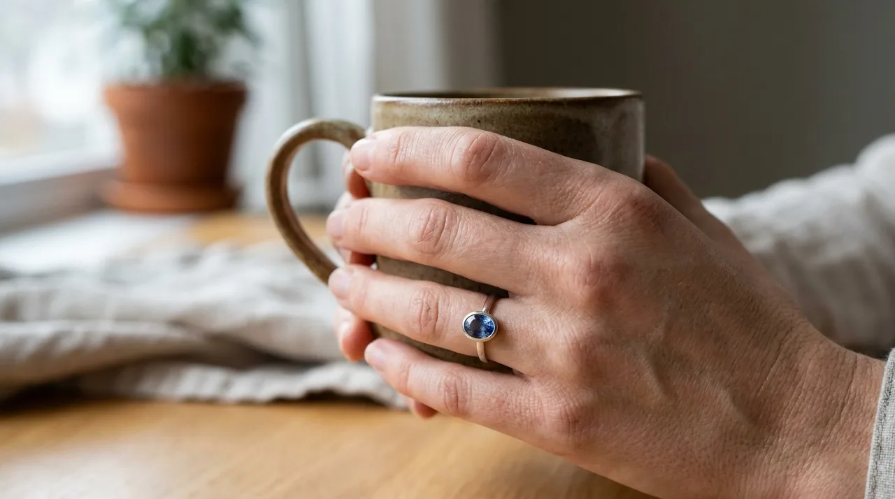 A low bezel-set blue Ceylon sapphire engagement ring worn on a woman's hand as she holds a ceramic mug, the flush setting sitting close to the finger, soft natural window light.