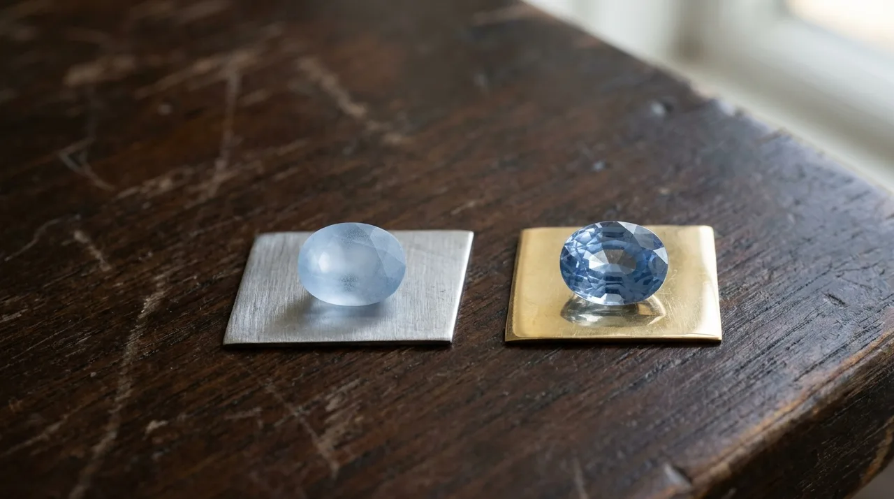 A pale blue Ceylon sapphire shown twice, once resting on a cool platinum surface looking icy, once on warm yellow gold looking deeper and richer, daylight lighting on a dark desk.
