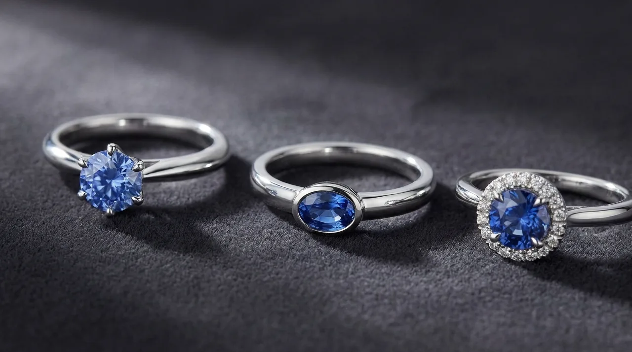 A trio of Ceylon blue sapphire engagement rings arranged on dark grey velvet, one solitaire prong setting, one low bezel setting, and one halo setting, lit by a single soft daylight source.