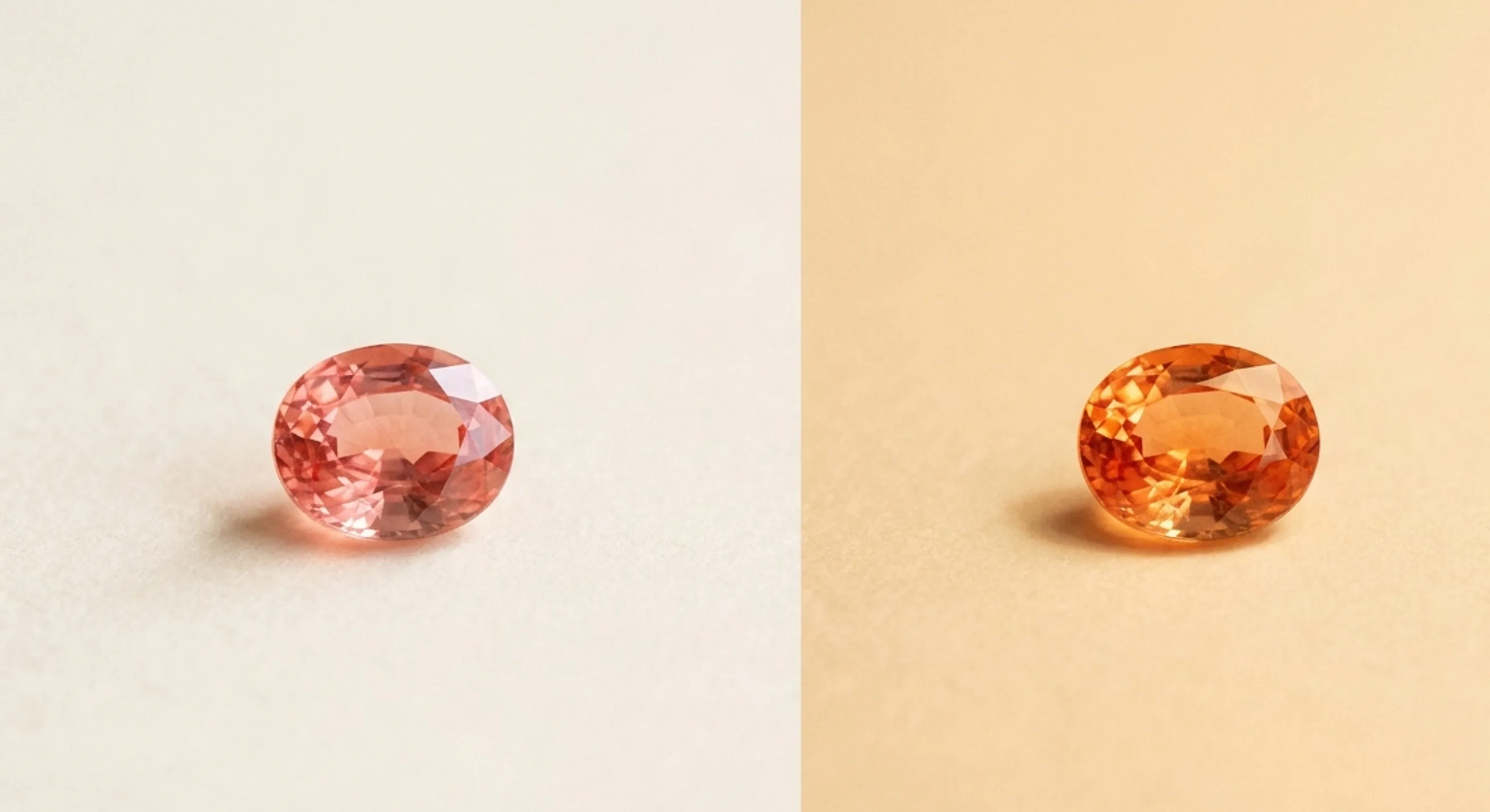 Side-by-side views of one padparadscha sapphire looking pink-orange in daylight and more orange under warm indoor light