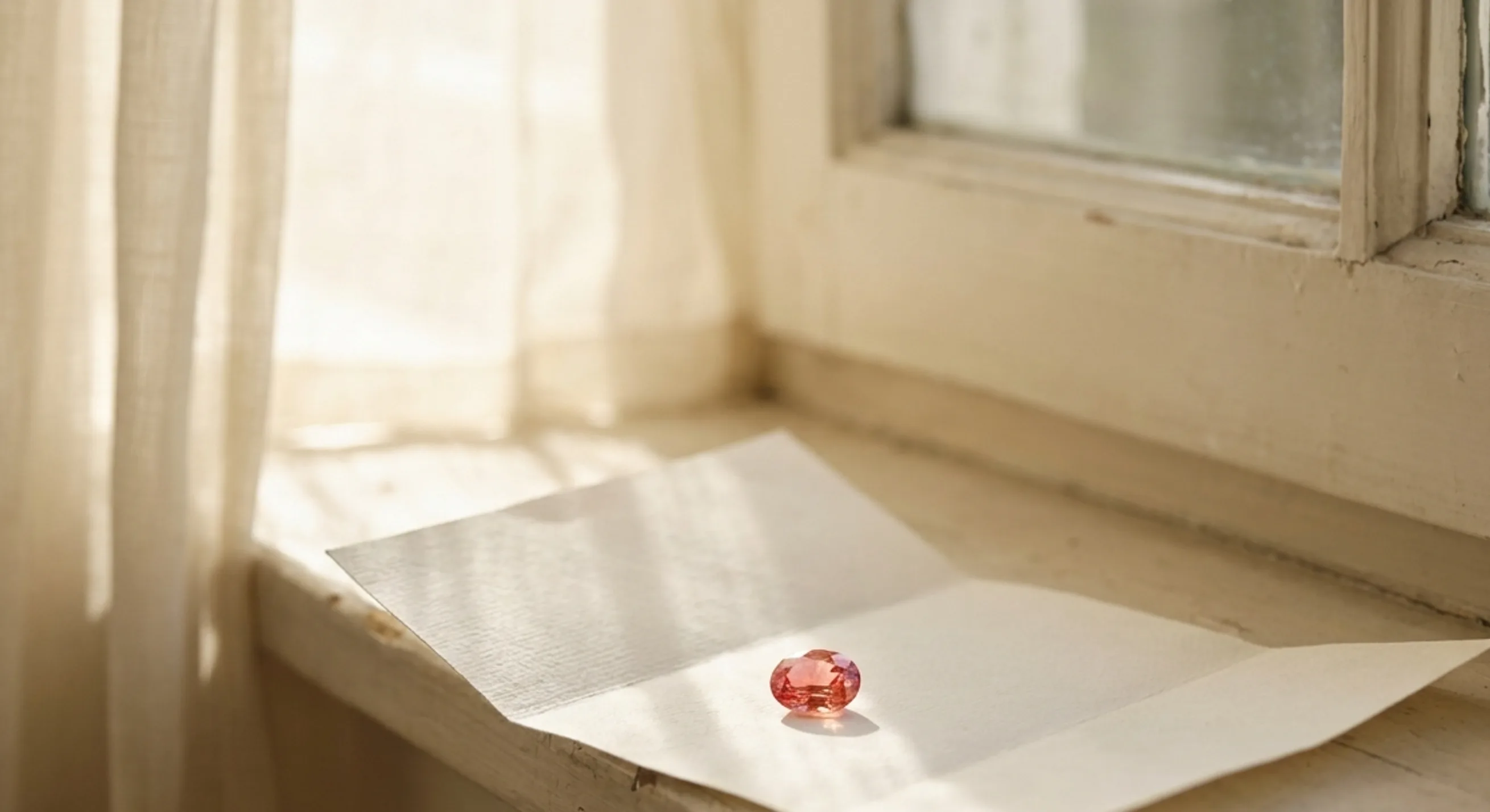 A pink-orange sapphire on folded white gem paper on a sunny windowsill during a daylight fade test