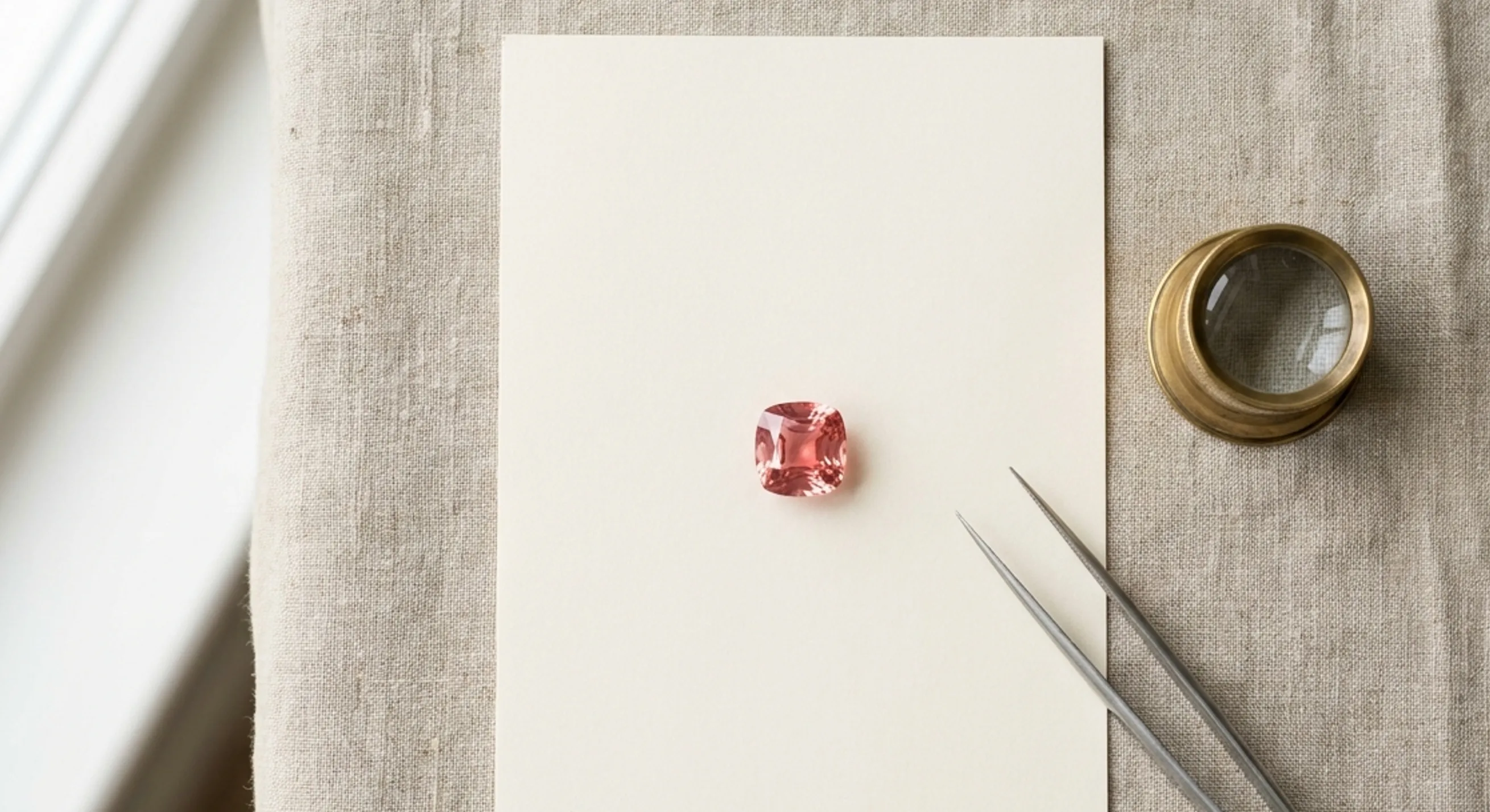 A padparadscha sapphire on white paper next to a jeweller's loupe and gem tweezers on oatmeal linen